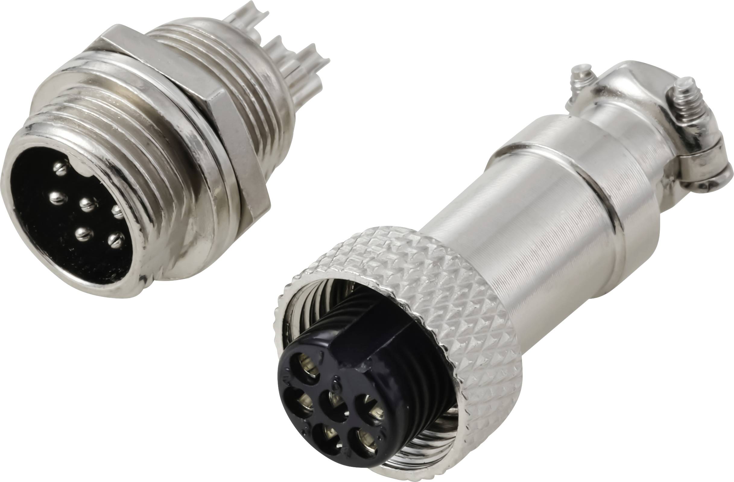 Ein metallischer Kreisverbinder mit gerilltem Griff wird zusammengebaut und zerlegt dargestellt, wobei seine 5-polige Konfiguration hervorgehoben wird.