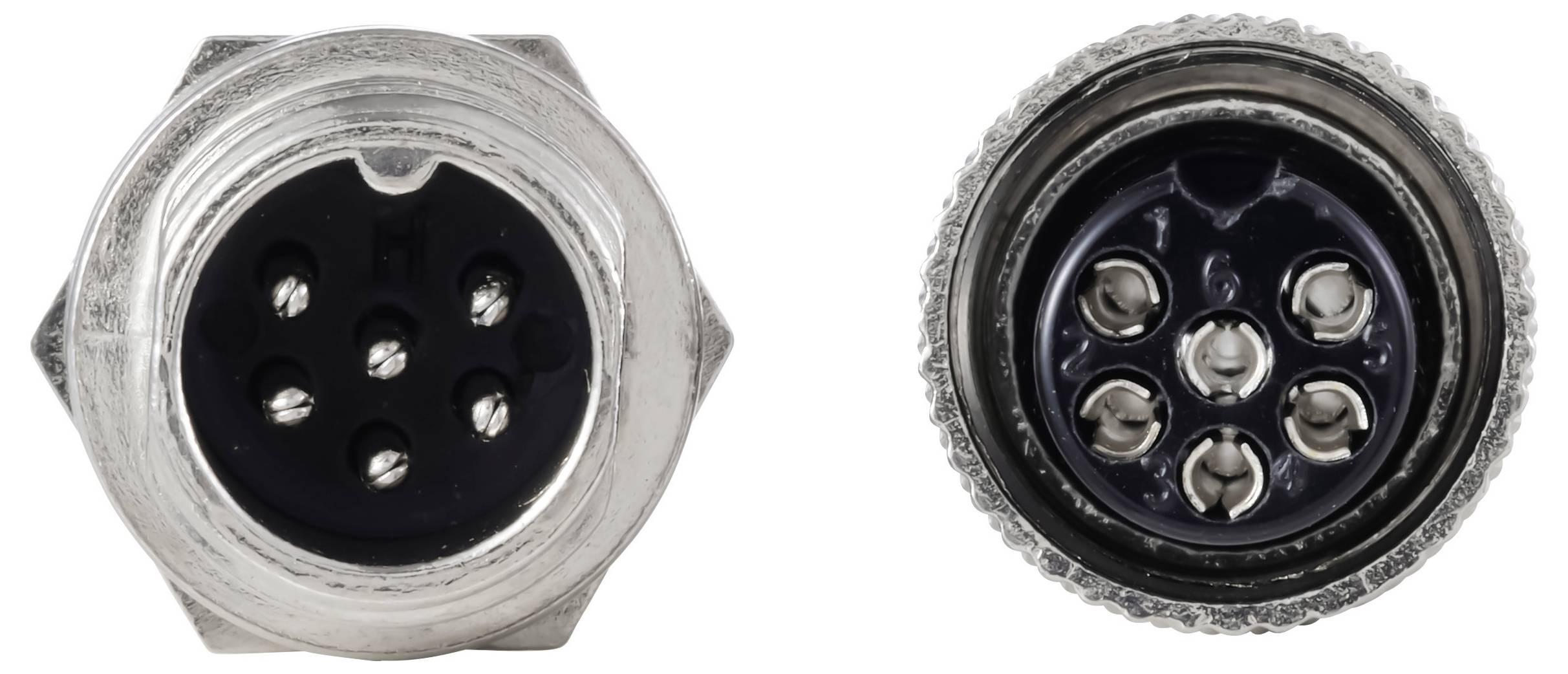 Zwei Metallverbinder mit mehreren Pins und kreisförmigen Öffnungen, die einander gegenüber liegen; wahrscheinlich für elektronische oder industrielle Zwecke verwendet.