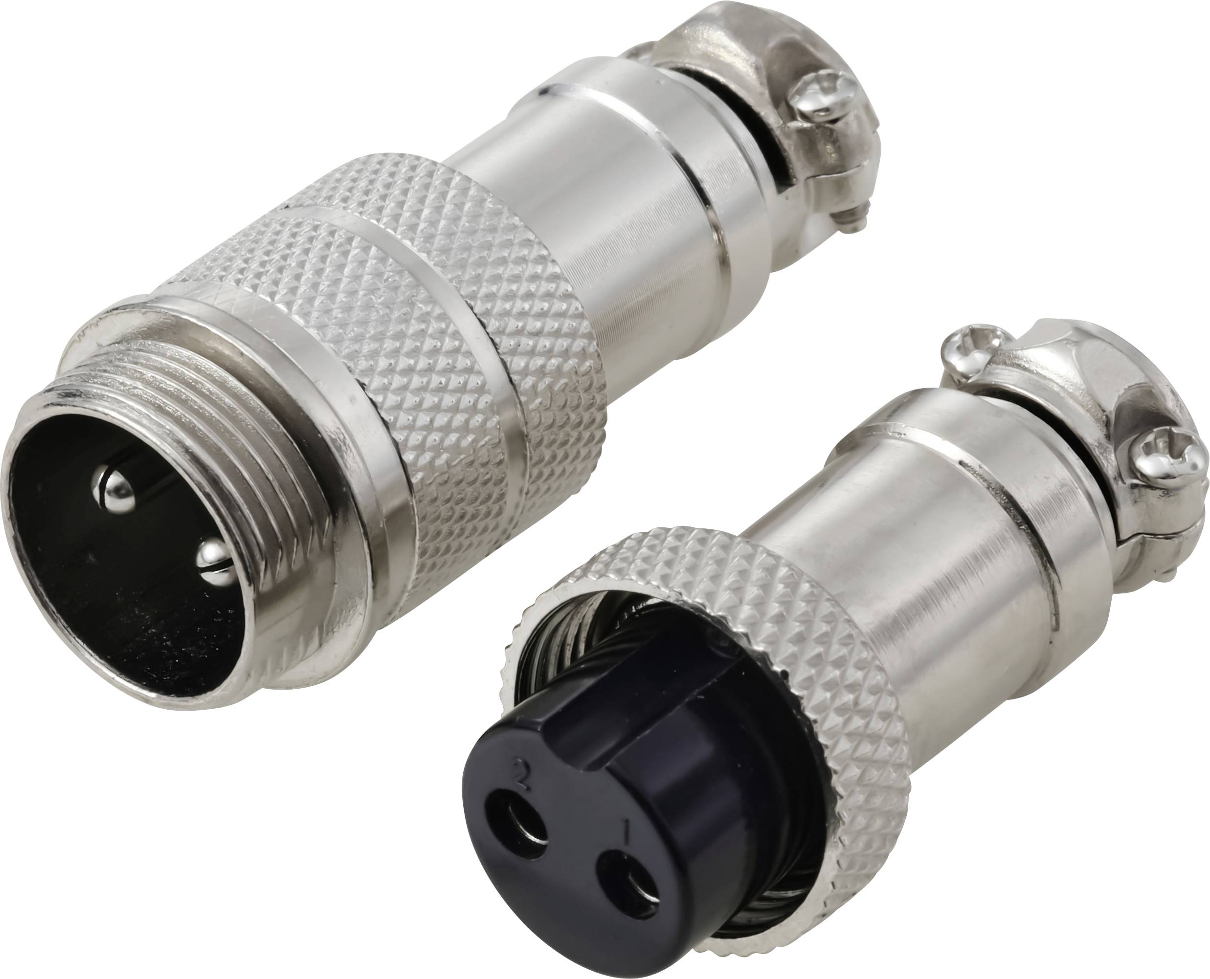 Zwei Metall-Kreisverbinder, einer männlich und einer weiblich, liegen nebeneinander. Sie verfügen über geriffelte Griffe und Befestigungsschrauben.