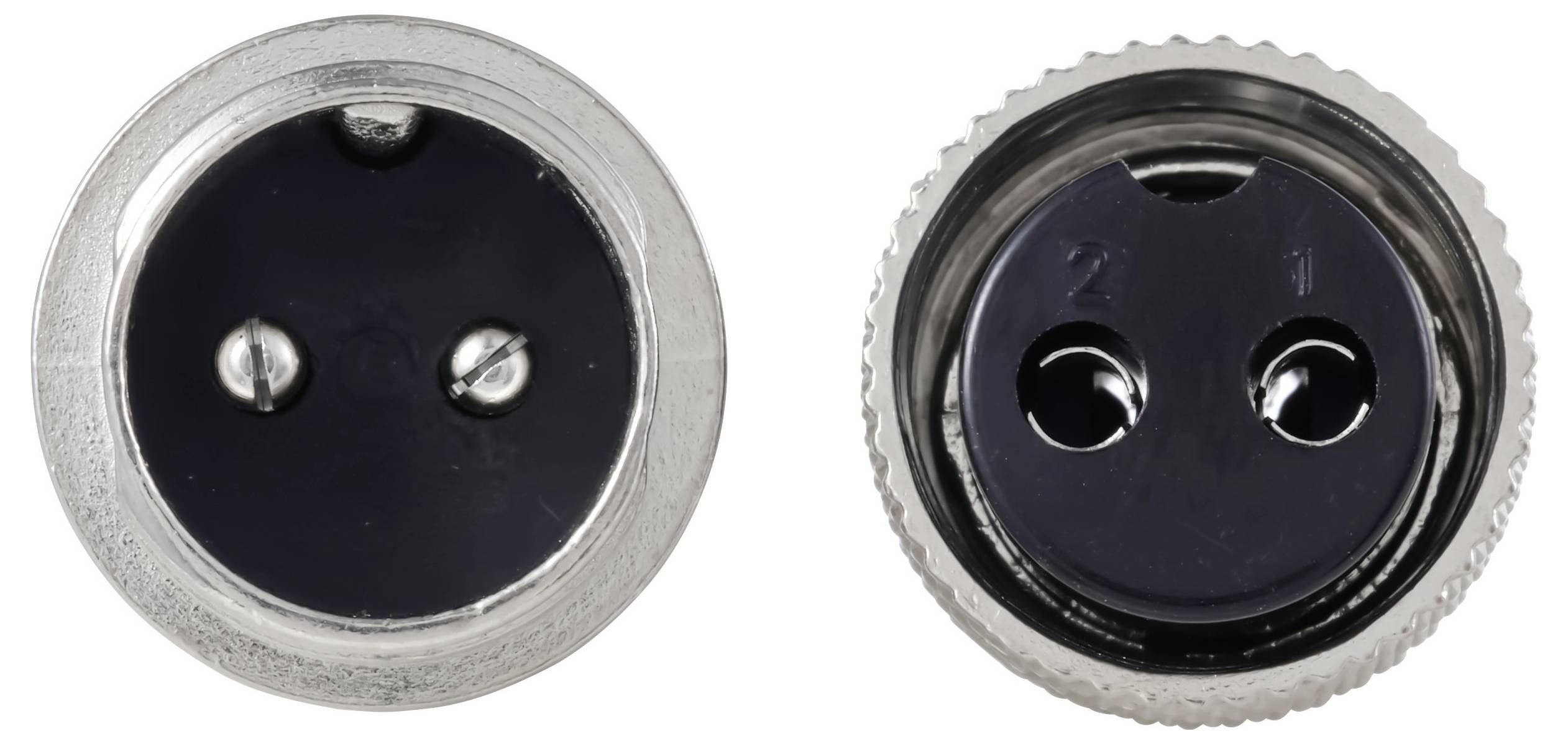 Zwei schwarze kreisförmige Verbinder mit Metallgehäusen, die jeweils zwei Steckdosen und unterschiedliche Ausrichtungsmarkierungen auf ihren Oberflächen aufweisen.