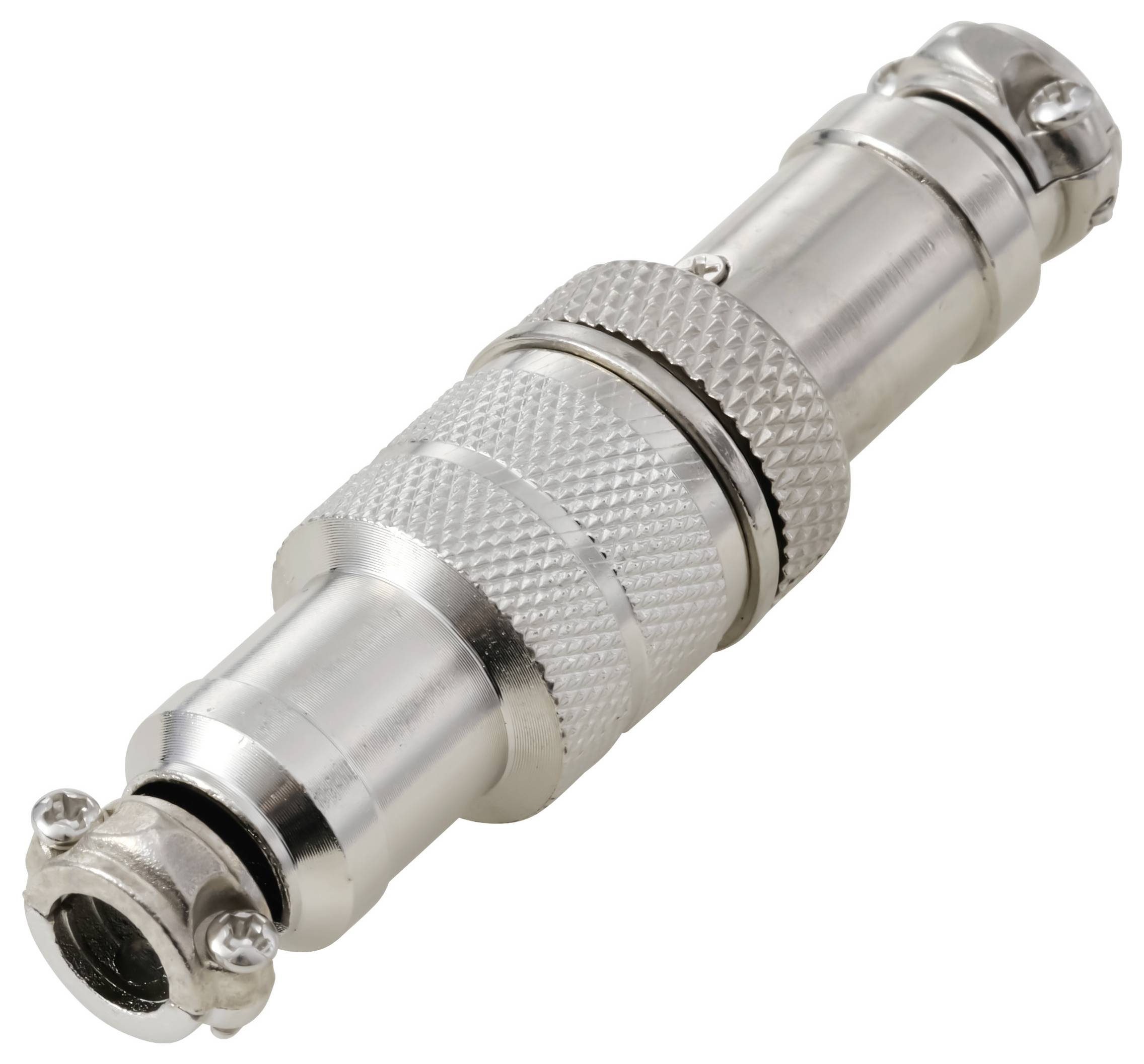 Eine Nahaufnahme eines metallischen Koaxialkabelsteckers mit einem verschraubten Gehäuse und gerilltem Griff, der zum Anschluss von Audio- oder Videogeräten verwendet wird.