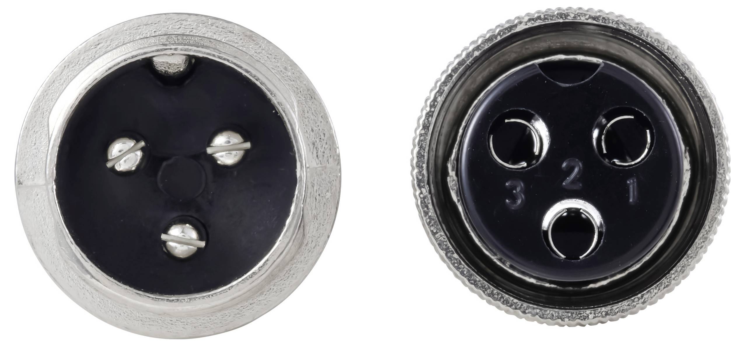 Zwei Metall-Kreisverbinder mit jeweils drei Pins sind abgebildet. Der linke Verbinder hat drei Pins; der rechte Verbinder hat drei entsprechende Buchsen mit den Bezeichnungen 1, 2 und 3.