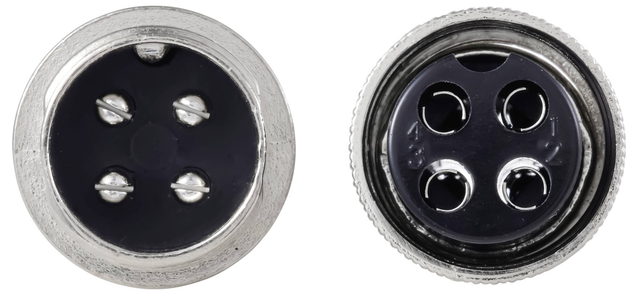 Draufsicht von zwei runden, vierpinigen elektrischen Anschlüssen mit Metallgehäuse, die männliche und weibliche Anschlüsse zur Verbindung zeigen.