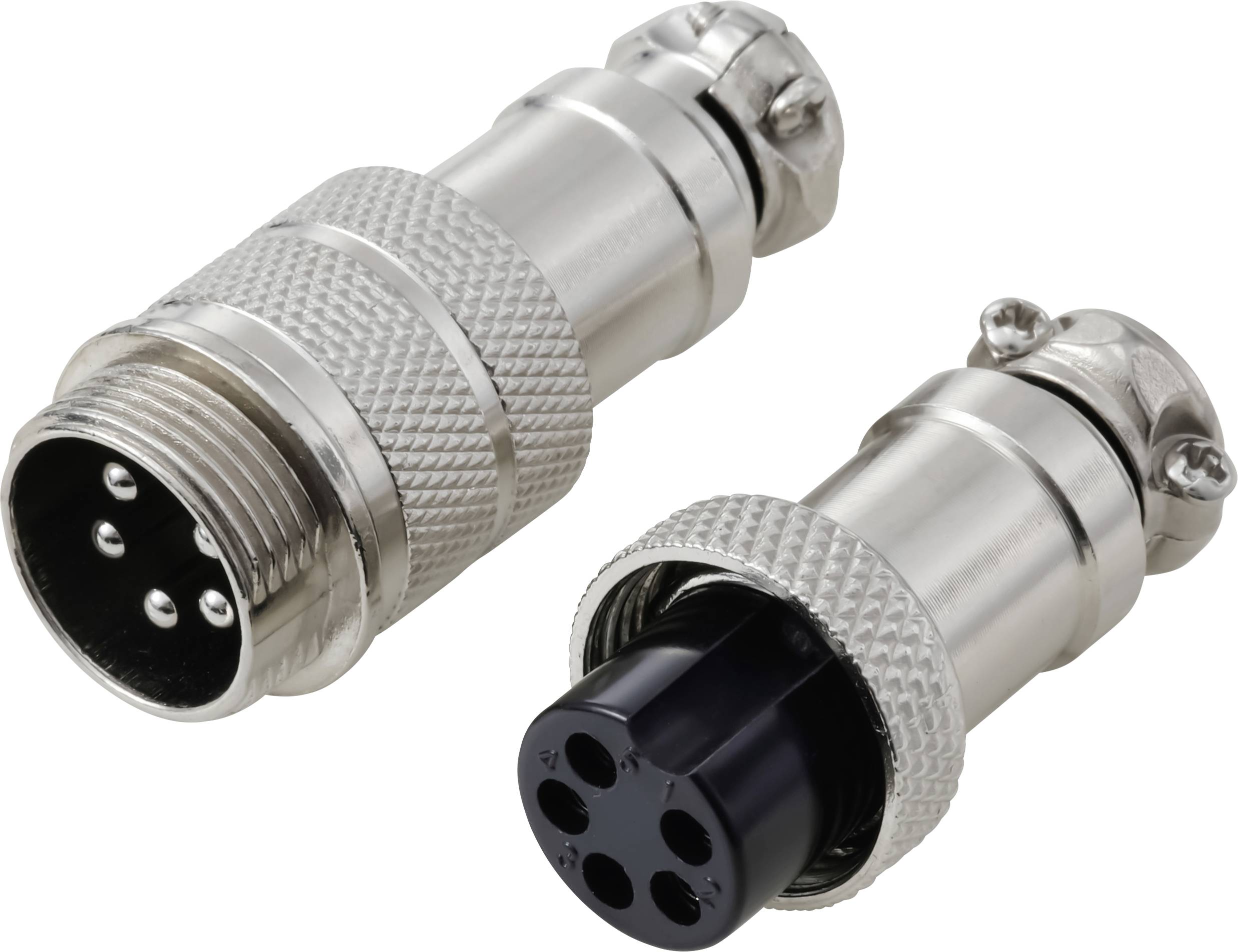 Zwei Metall-Elektroverbinder; einer zeigt drei männliche Stifte, der andere vier weibliche Anschlüsse. Sie haben eine geriffelte Oberfläche für besseren Halt.