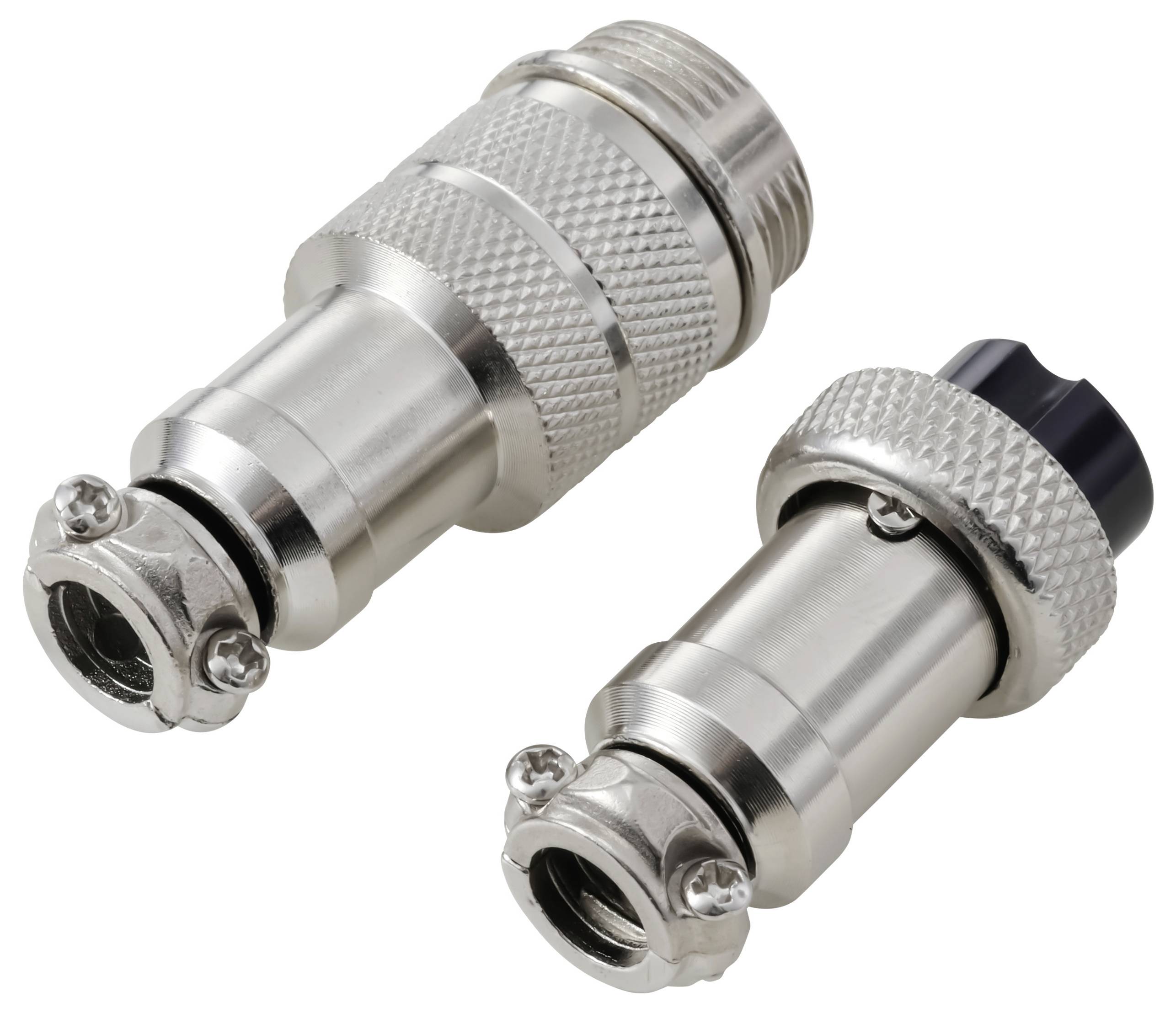 Zwei silberne Metallverbinder mit strukturierten Griffen und Schrauben, verwendet für elektrische oder Kabelverbindungen. Ein Verbinder verfügt über eine schwarze Kappe.