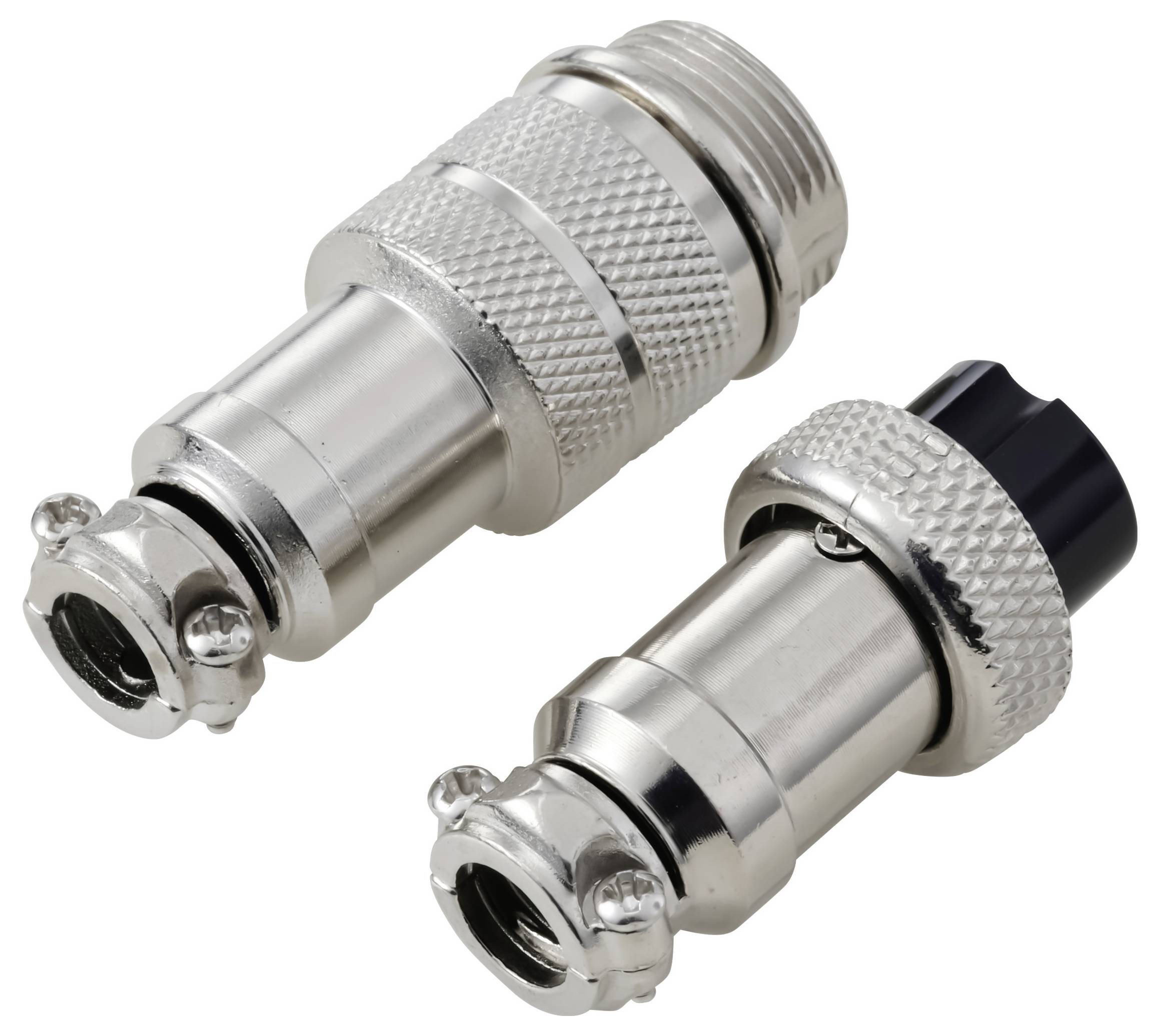 Zwei Metall-Kabelverbinder, einer vertikal, einer horizontal, mit Gewindeanschlüssen und strukturierten Griffen, geeignet für die sichere Befestigung von Kabeln.