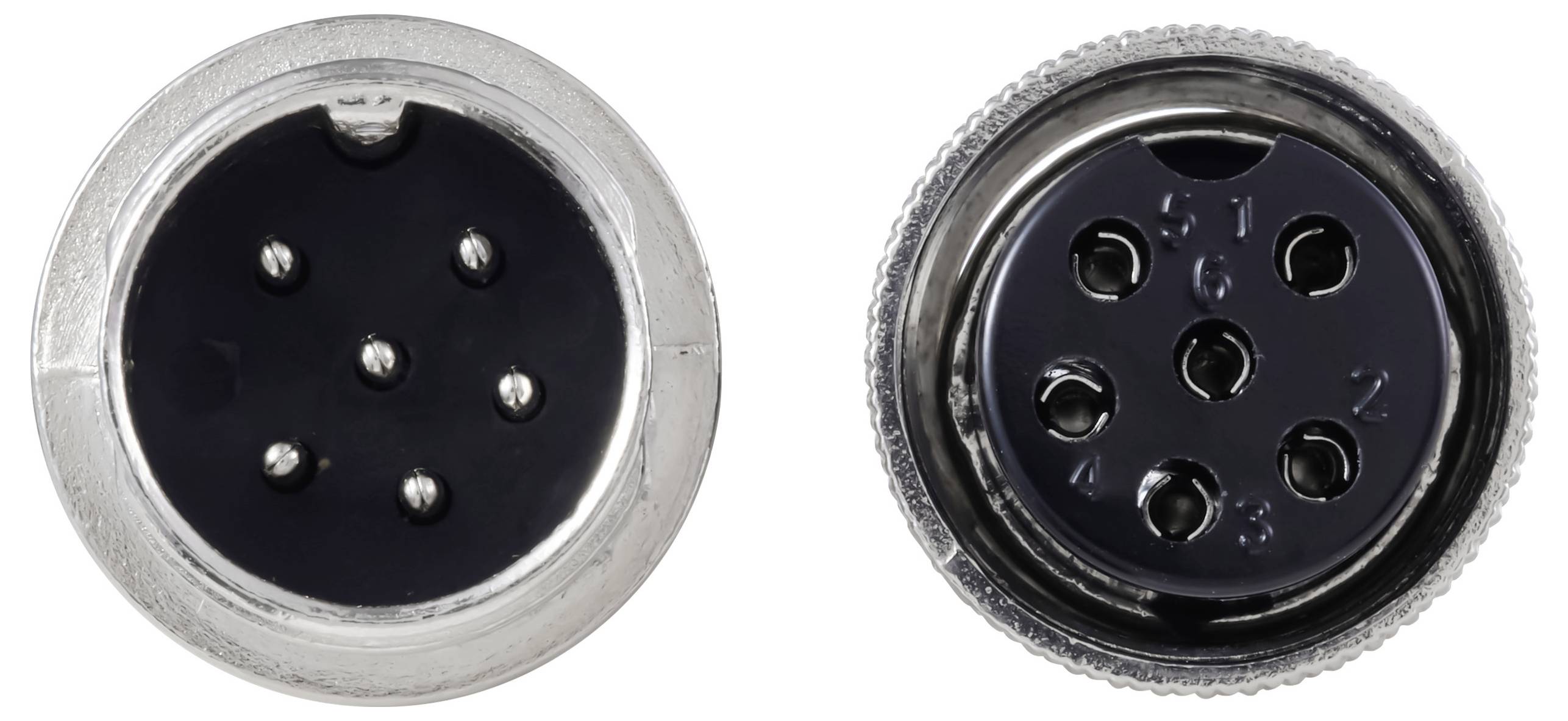 Zwei kreisrunde Anschlüsse: links mit fünf Pins, rechts mit sechs Öffnungen, beschriftet von 1 bis 6. Werden für elektrische Verbindungen in elektronischen Geräten verwendet.