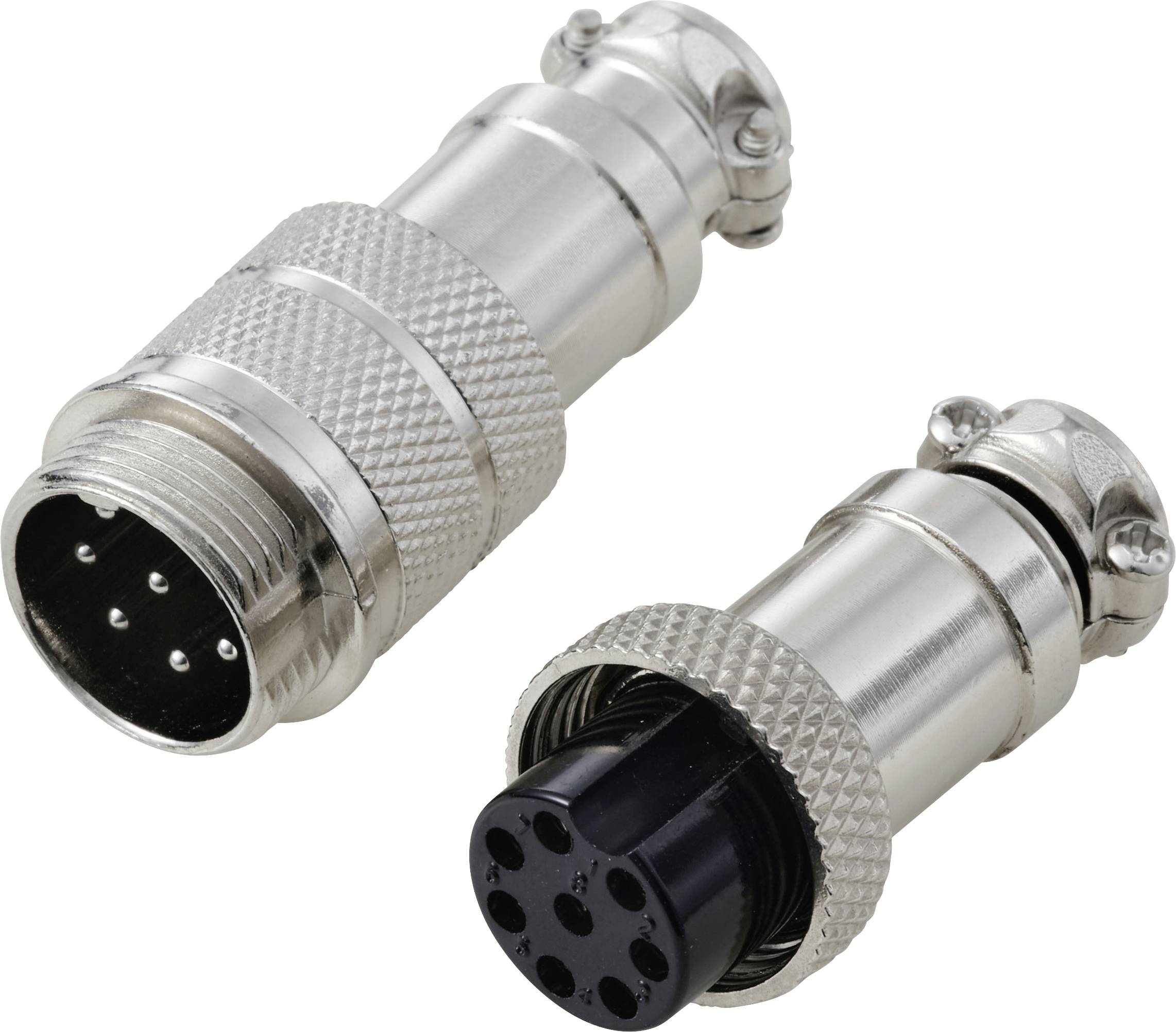 Zwei silberne metallische elektrische Steckverbinder mit mehreren Pins und einer gerillten Oberfläche, nebeneinander auf einem weißen Hintergrund positioniert.