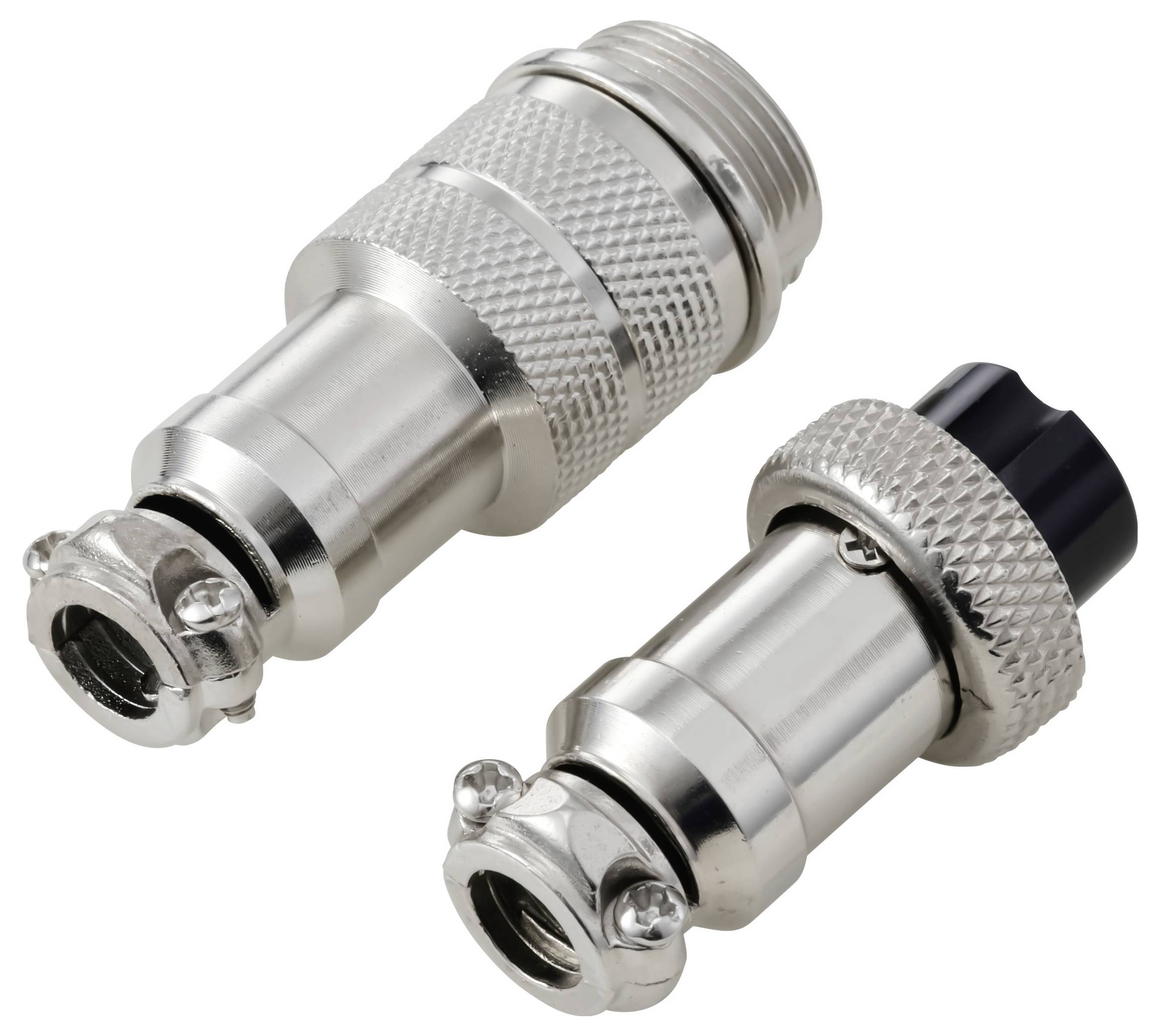 Zwei Metall-Schnellverbindungsschlauchfittinge mit strukturierten Griffen, die unterschiedliche Verbinderenden zeigen.