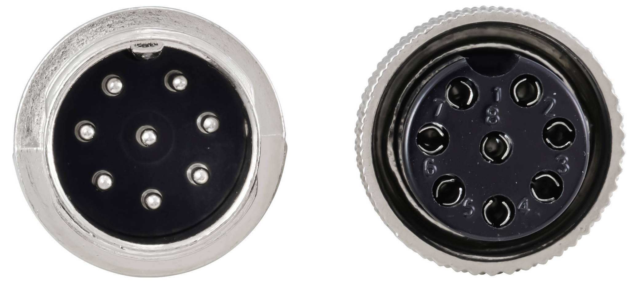 Zwei kreisförmige Steckverbinder gezeigt, jeweils mit mehreren Pins. Der linke Steckverbinder hat 8 Pins, während der rechte eine umgekehrte Nummerierung aufweist, die mit passenden Schlitzen ausgerichtet ist.