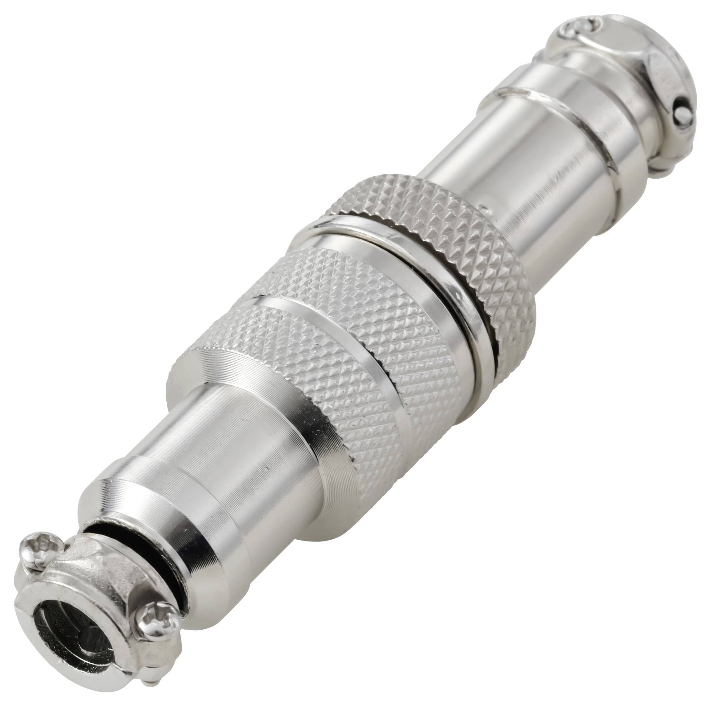 Ein Nahaufnahmebild eines Metallbuchsenanschlusses mit einer strukturierten Griffoberfläche und zwei hervorstehenden Pins an den Enden, der für elektronische Verbindungen verwendet wird.