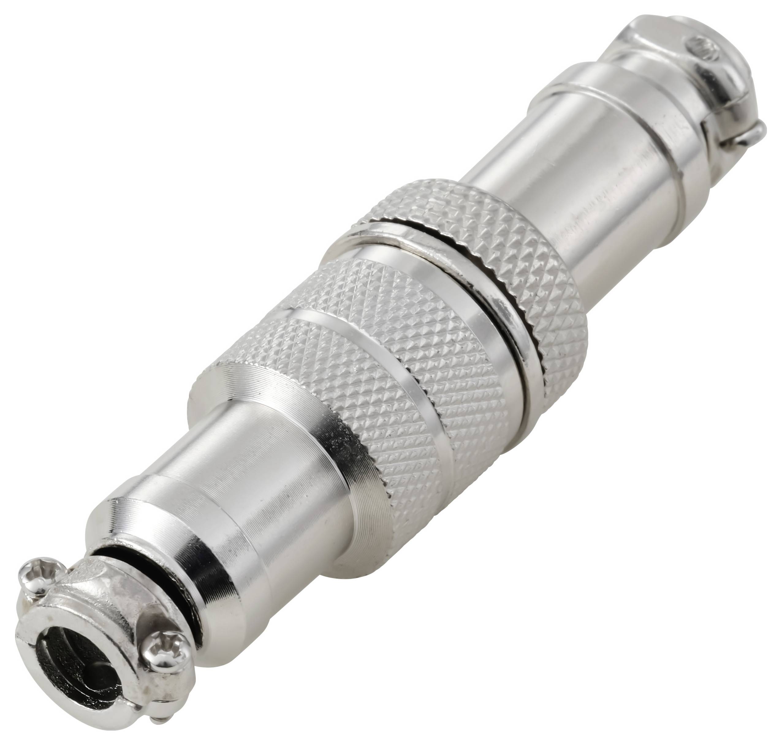 Ein silberner Metallverbinder mit gerilltem Griff und zirkulärem Verriegelungsmechanismus, der für sichere Audio- oder Datenkabelverbindungen verwendet wird.