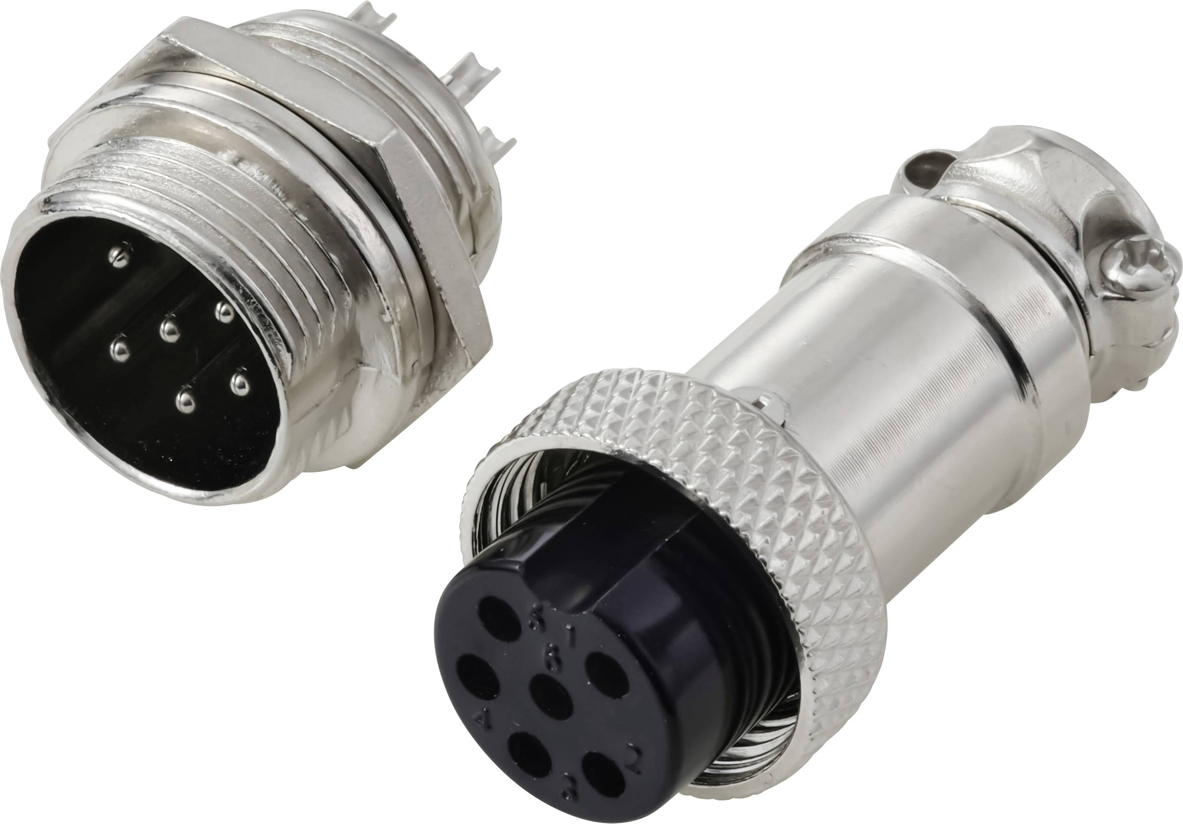 Eine Nahaufnahme eines metallischen Kreisverbinders und seines zugehörigen Steckers, beide mit mehreren Stiften und Buchsen, die für elektronische Verbindungen verwendet werden.