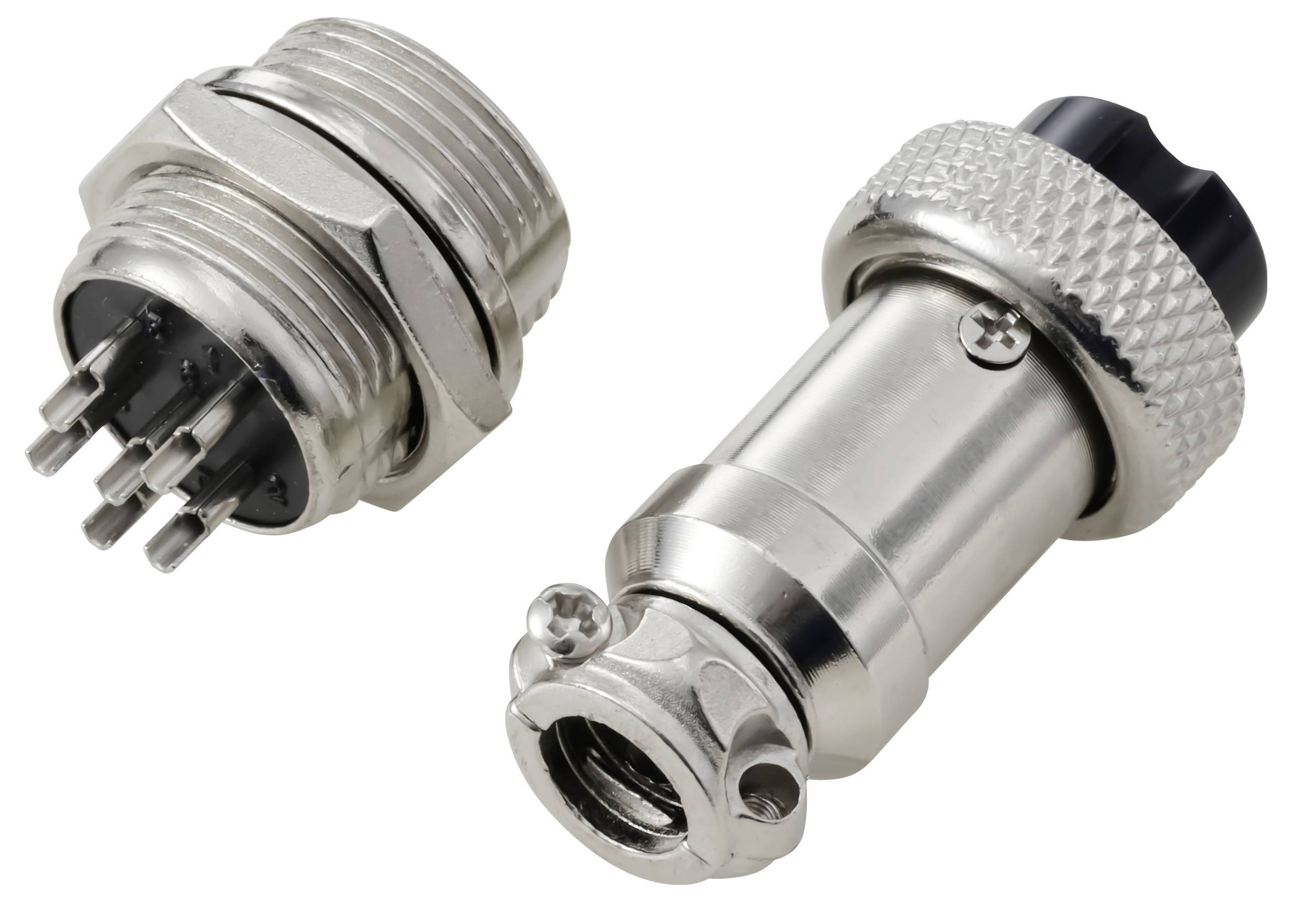 Ein Metallverbinder mit mehreren Pins neben seiner zugehörigen Buchse, der für sichere elektrische Verbindungen in Geräten konzipiert ist.