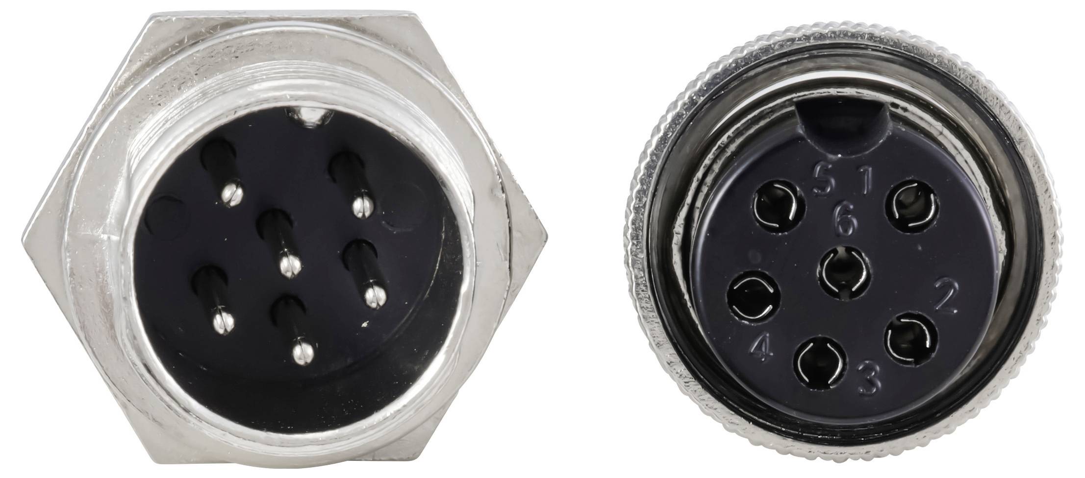 Zwei kreisförmige elektrische Verbinder, jeweils mit acht Buchsenkontakten, in einem Metallgehäuse dargestellt. Ein Gehäuse ist sechseckig, das andere ist rund.