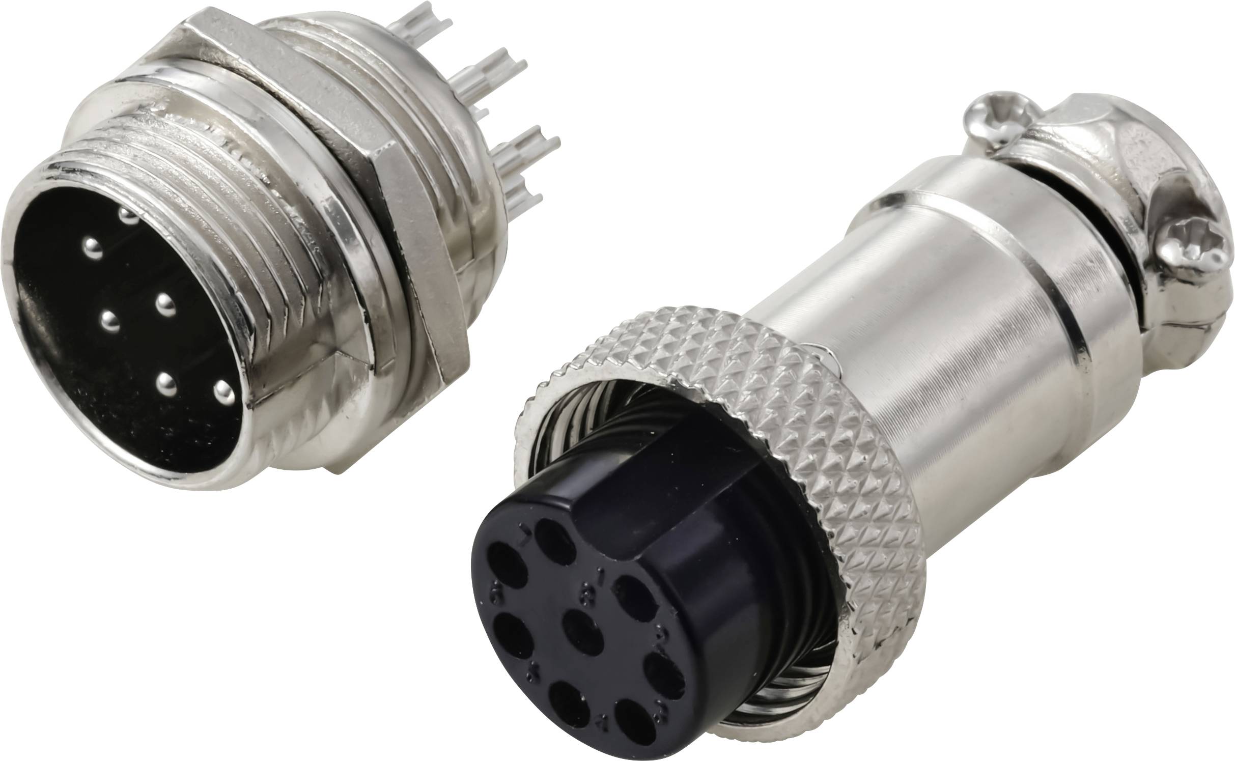 Zwei metallische kreisförmige Steckverbinder mit mehreren Kontaktstiften, einer männlich und einer weiblich, für elektrische Verbindungen, in einer Nahaufnahme dargestellt.