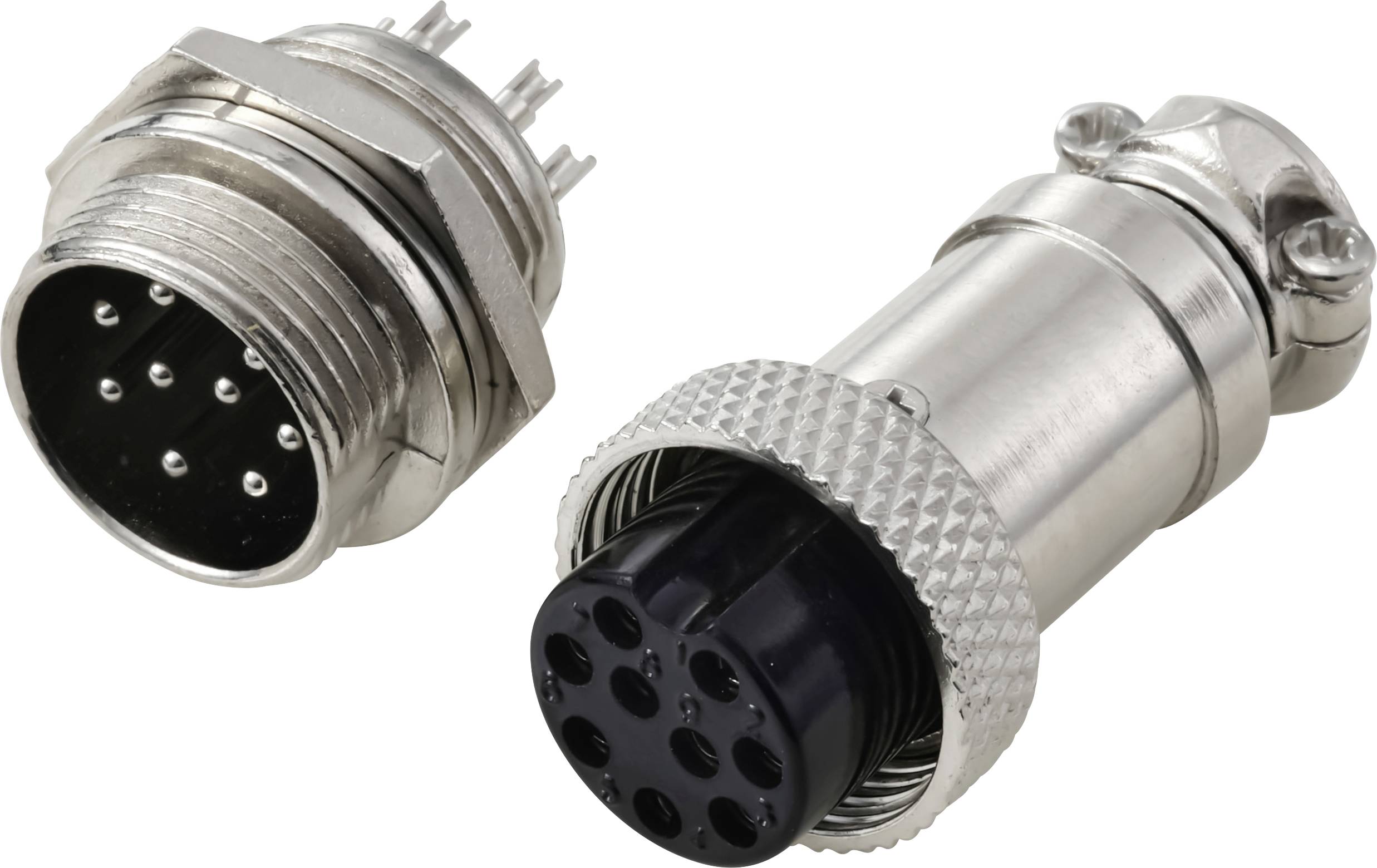 Eine Nahaufnahme eines metallischen Rundverbinders mit mehreren Pins, die sowohl den Stecker als auch die Buchse zeigt, der für elektronische Verbindungen verwendet wird.