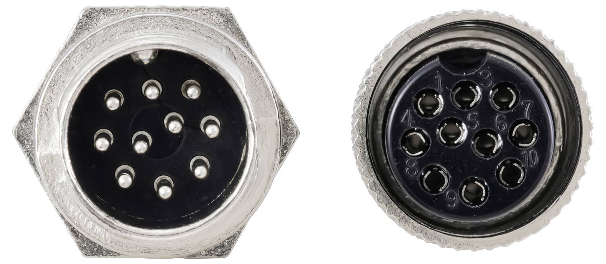 Nahaufnahme von zwei runden, mehrstiftigen Steckverbindern. Der linke hat fünf Stifte in einer kreisförmigen Anordnung; der rechte hat zehn Stifte in zwei konzentrischen Kreisen.