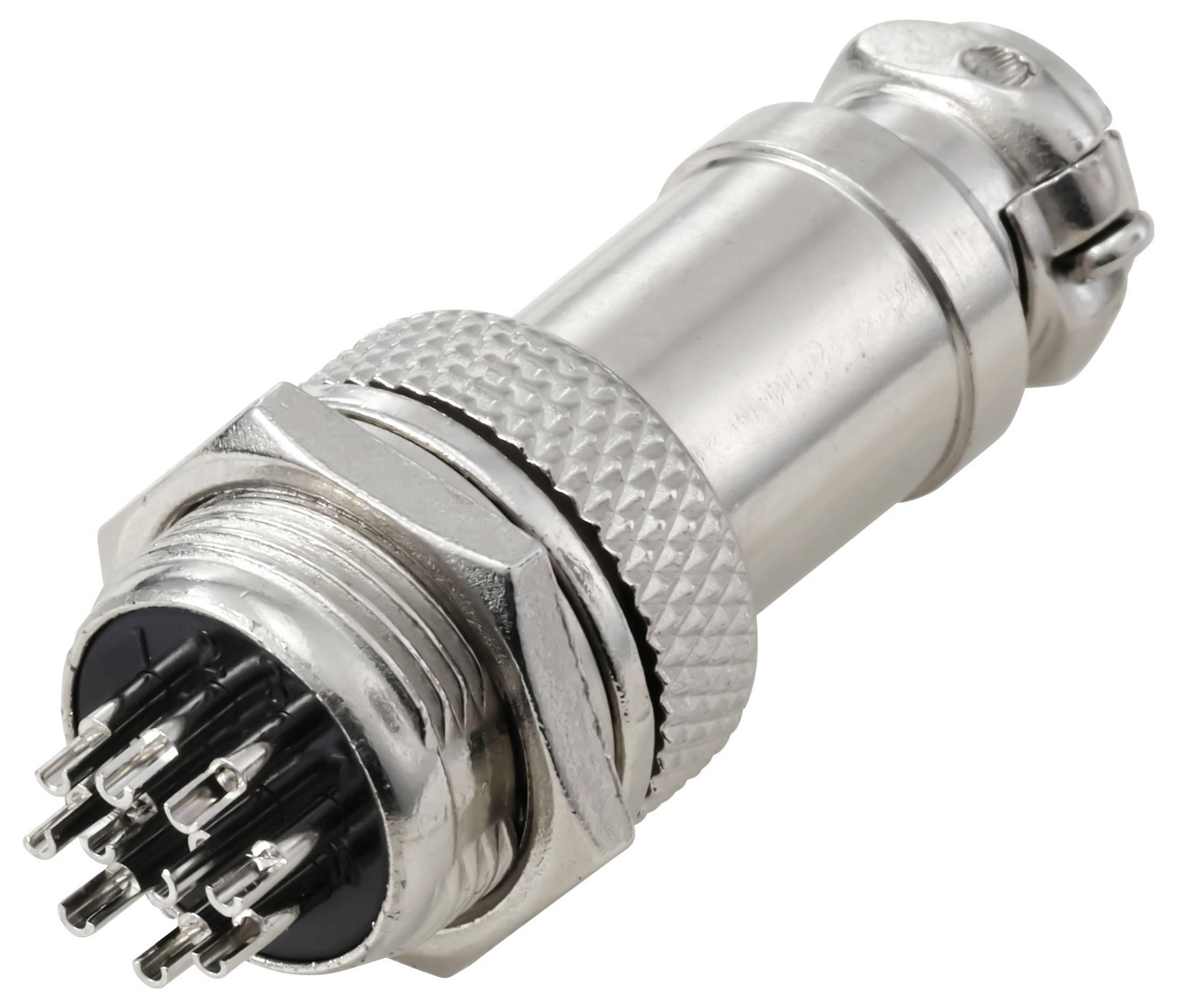 Ein Nahaufnahme eines metallischen elektrischen Verbindungsstücks mit mehreren Kontaktstiften, entwickelt für industrielle oder technische Anwendungen.