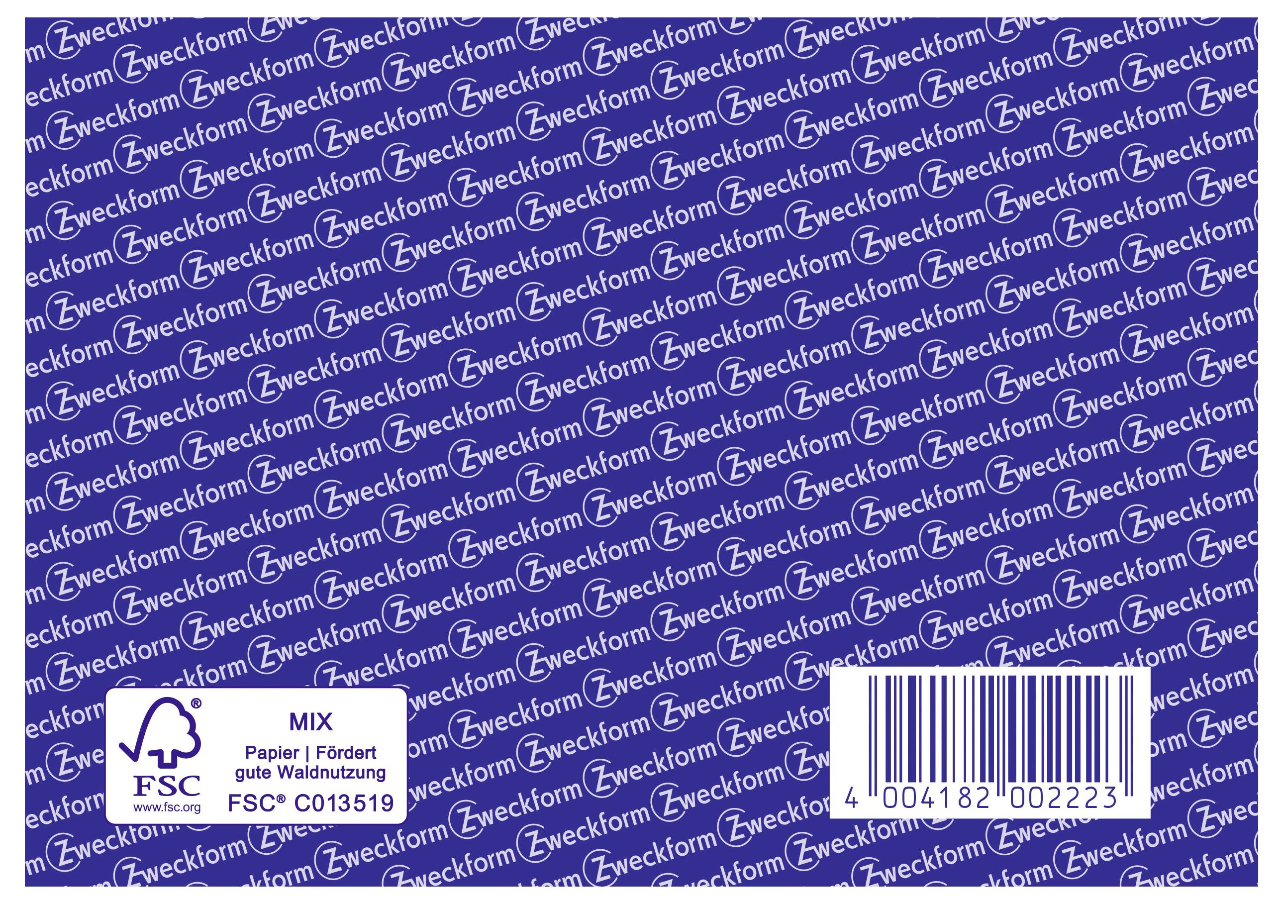 Wiederholtes 'Zweckform' Muster auf blauem Hintergrund mit FSC-Zertifizierungssymbolen, Barcode und Recycling-Informationen am unteren Rand.