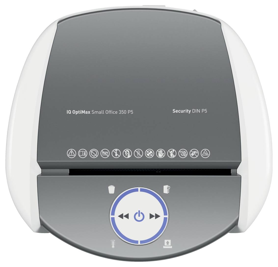 Eine Draufsicht eines Dokumentenschredderers, beschriftet mit 'IQ OptiMax Small Office 350 P5' und 'Security DIN P5', mit Tasten für Ein/Aus und Funktionen.