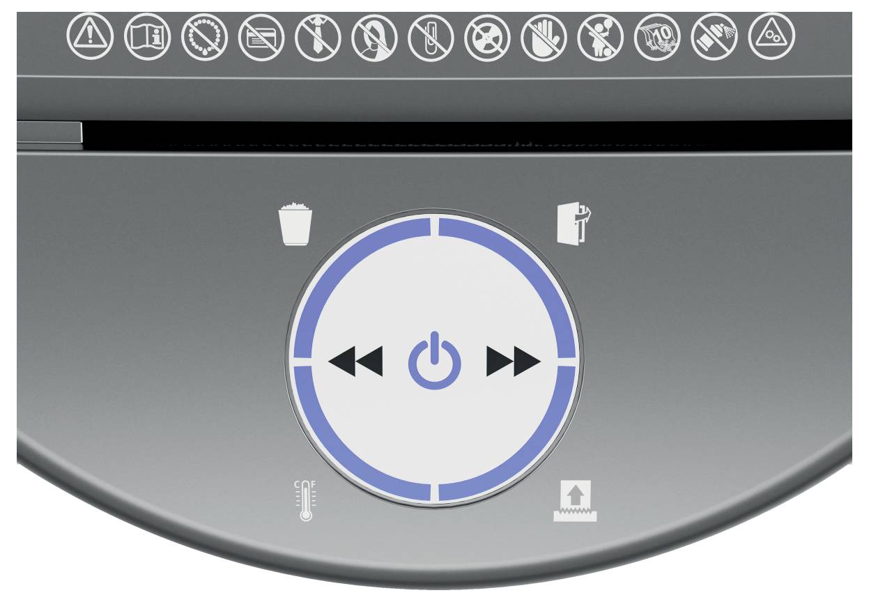 Schredder-Bedienfeld mit zentrierter Einschalttaste, flankiert von Vorwärts- und Rückwärtssymbolen; Symbole darüber zeigen Sicherheitswarnungen und Funktionen.