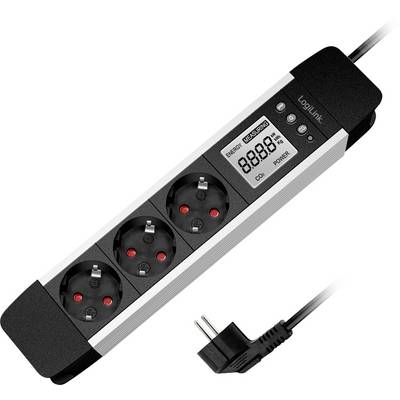 Eine Steckdosenleiste mit drei Steckdosen, einem digitalen Display zur Anzeige des Stromverbrauchs und einem angeschlossenen Stecker mit Kabel, der Marke ‚LogiLink'.