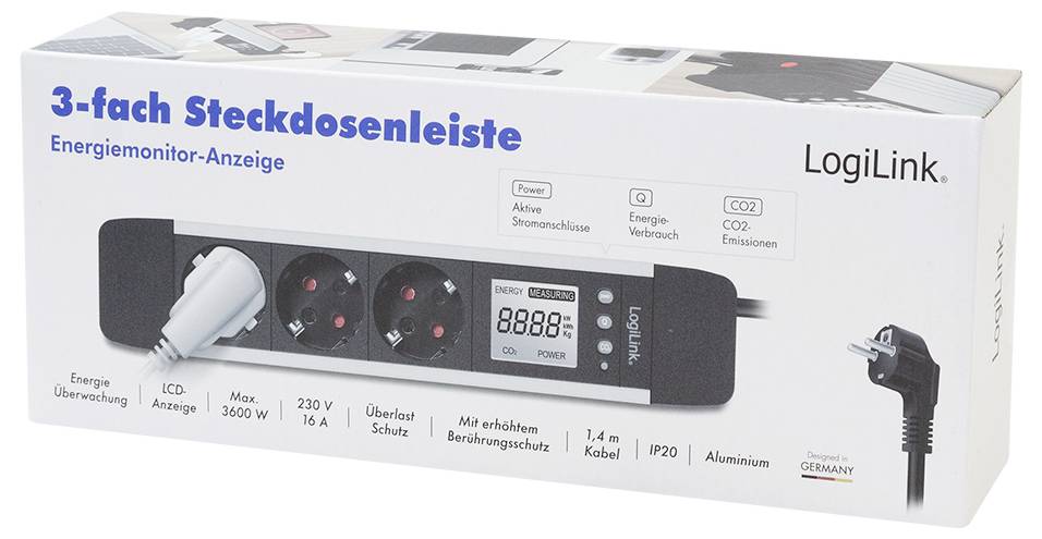 3-fach Steckdosenleiste mit Energiemessgerät in Verpackung, die drei Steckdosen, eine Energieverbrauchsanzeige und einen Stecker zeigt.