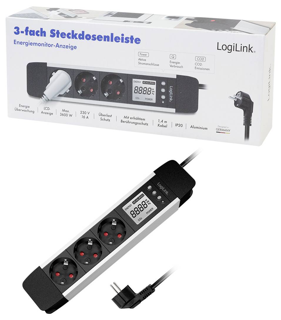 Steckdosenleiste mit Energiemonitor, 3 Steckdosen, schwarz-silbernes Design. Ausgestattet mit Überspannungsschutz und kindersicheren Steckdosen. CE-zertifiziert.