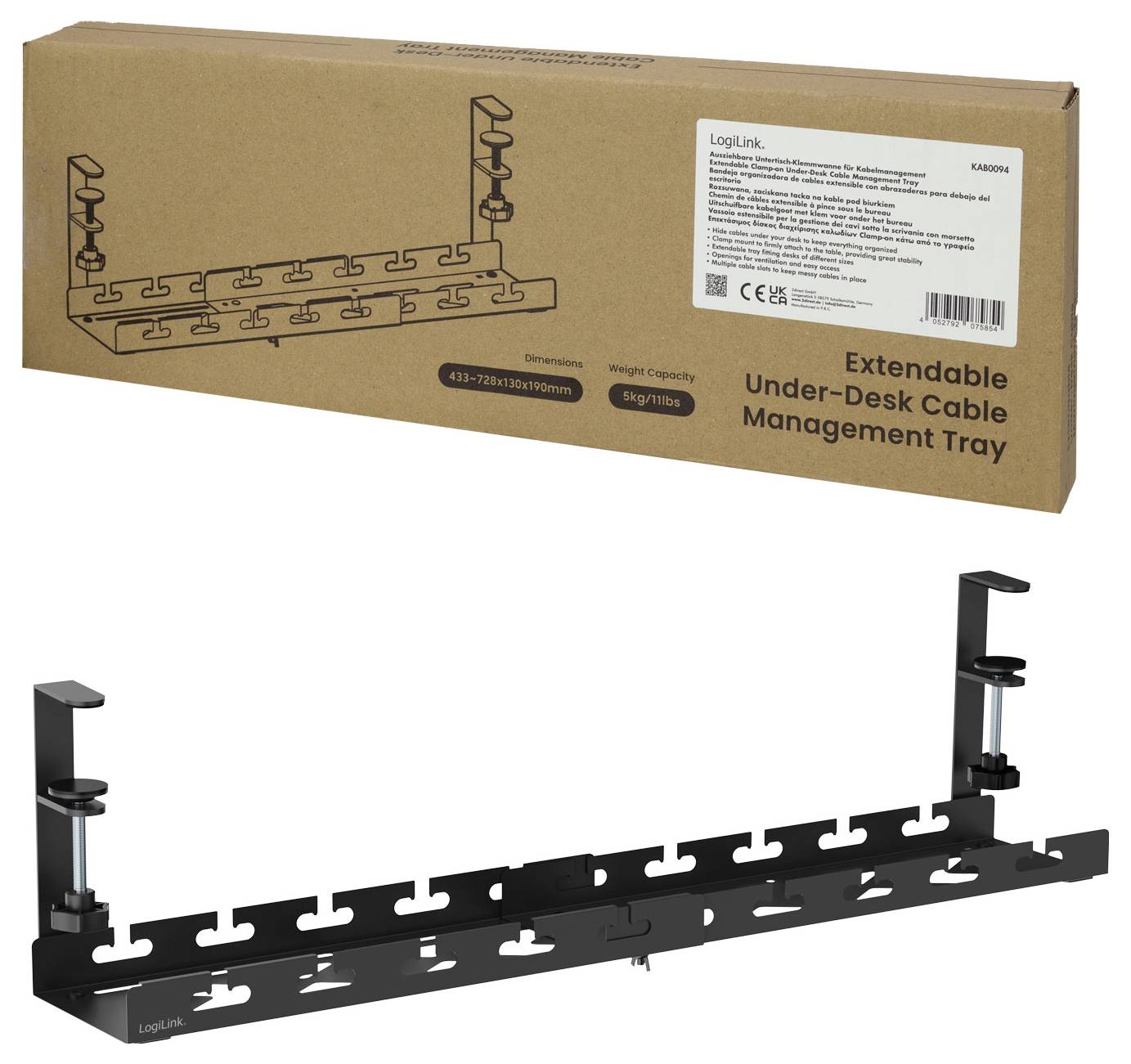 LogiLink Kabelmanagement-Ablage zum Unterbauen, ausziehbar, dargestellt in Verpackung und montiertem Zustand. Schwarzes Metall, in der Länge verstellbar, zur Kabelorganisation.