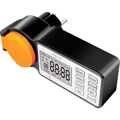 Ein schwarzer digitaler Timer-Stecker mit einem LCD-Display, das '00:00' zeigt, und Tasten zum Einstellen von Woche, Stunde und Minute.