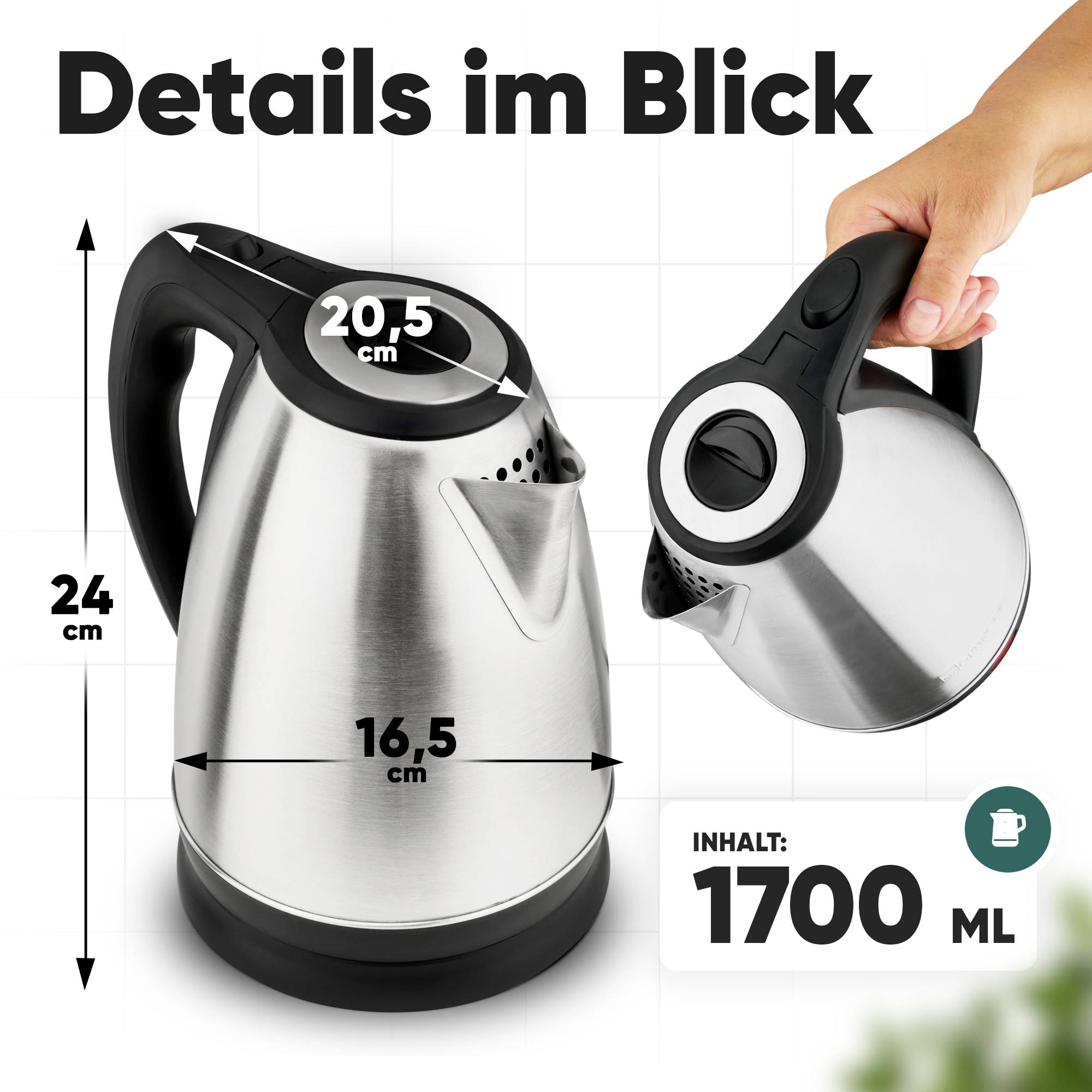 Ein Wasserkocher aus Edelstahl mit elektrischer Heizung, der folgende Abmessungen aufweist: Höhe 24 cm, Durchmesser 16,5 cm, Deckel-Durchmesser 20,5 cm, mit einem Fassungsvermögen von 1700 ml.