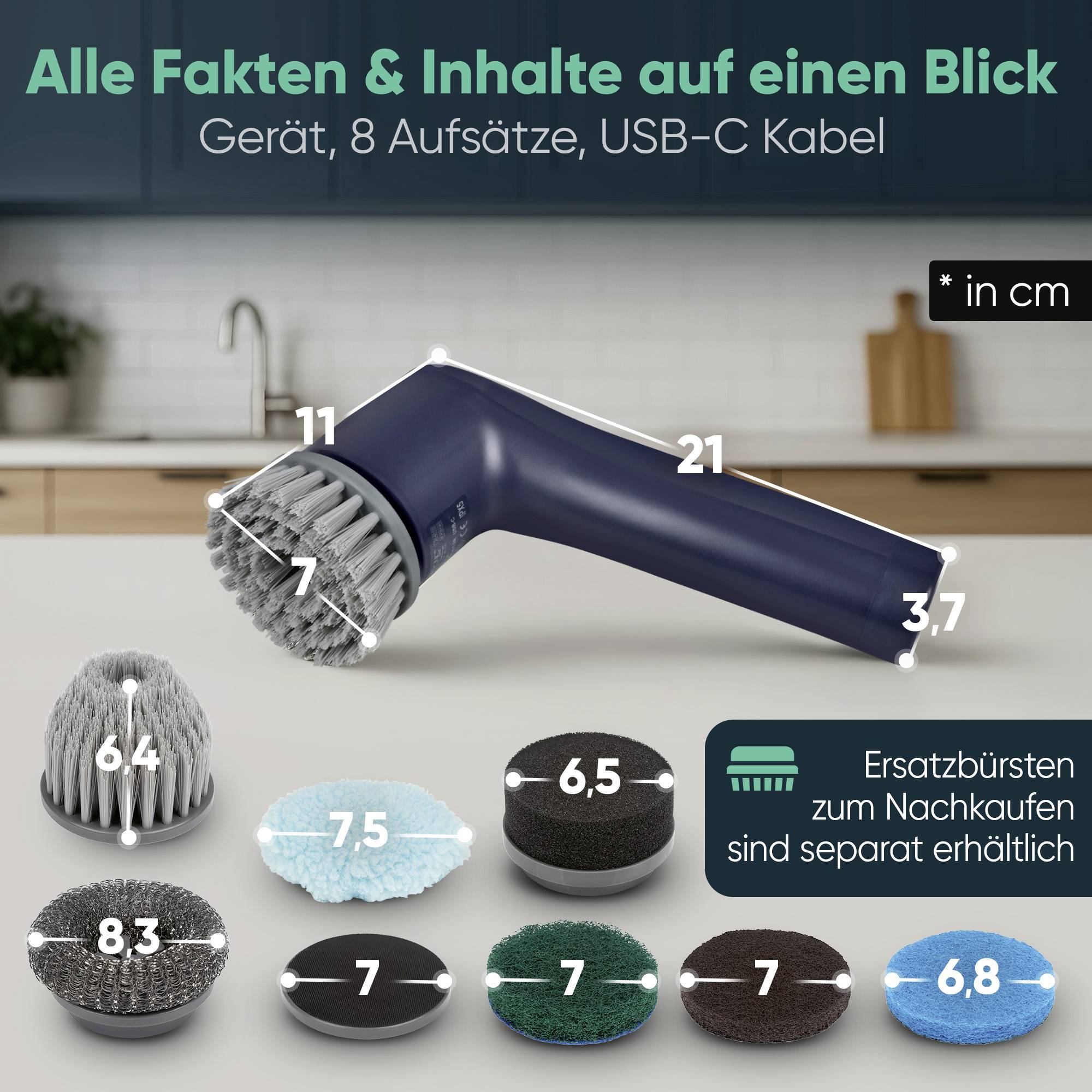 'Elektrische Bürste mit 8 Aufsätzen und USB-C Kabel. Aufsätze: 6 bis 8,3 cm. Ersatzbürsten separat erhältlich.'