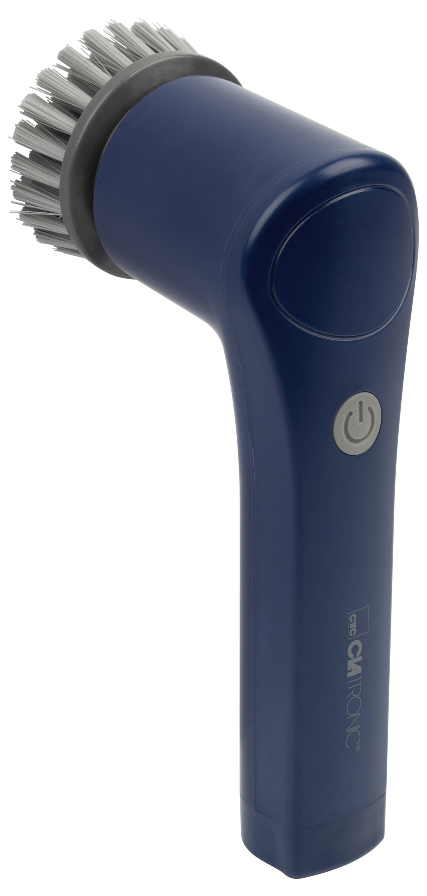 Eine blaue, handgehaltene elektrische Reinigungsbürste mit steilen Borsten und einem Einschaltknopf am Griff.