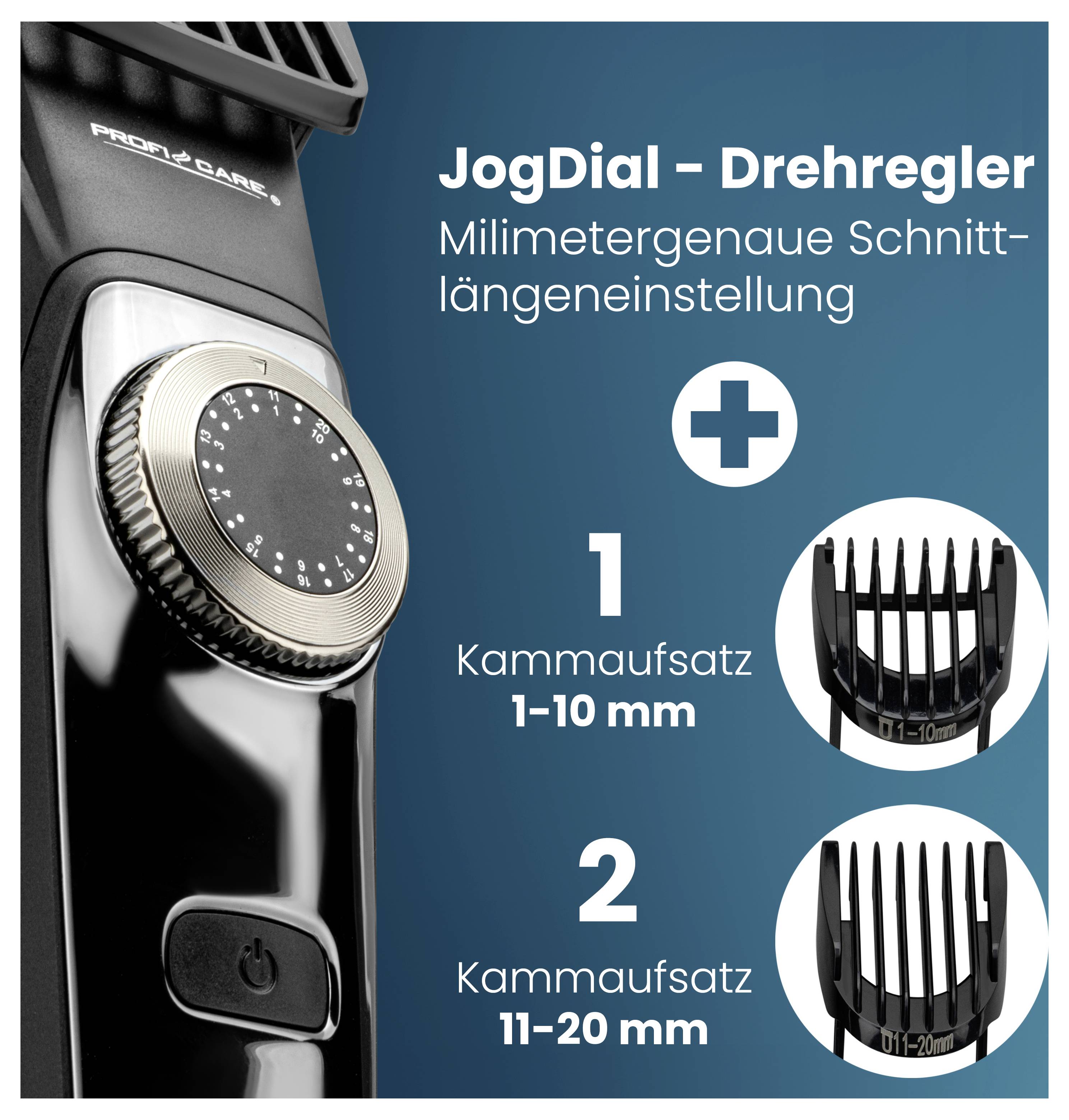 Elektrischer Rasierer mit 'JogDial'-Funktion für präzise Längeneinstellungen; zwei Kammaufsätze für 1-10 mm und 11-20 mm Trimmen.