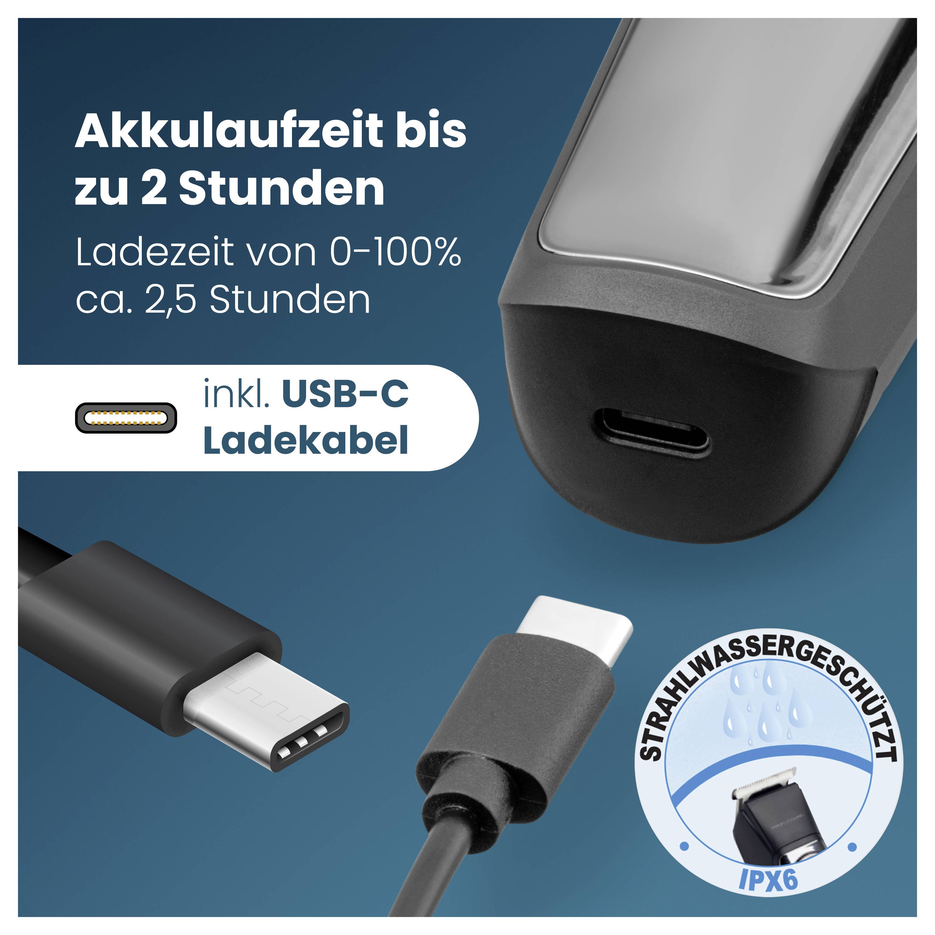 Akkulaufzeit bis zu 2 Stunden, Ladezeit von 0-100% in etwa 2,5 Stunden, inklusive USB-C-Ladekabel, spritzwassergeschützt IPX6.