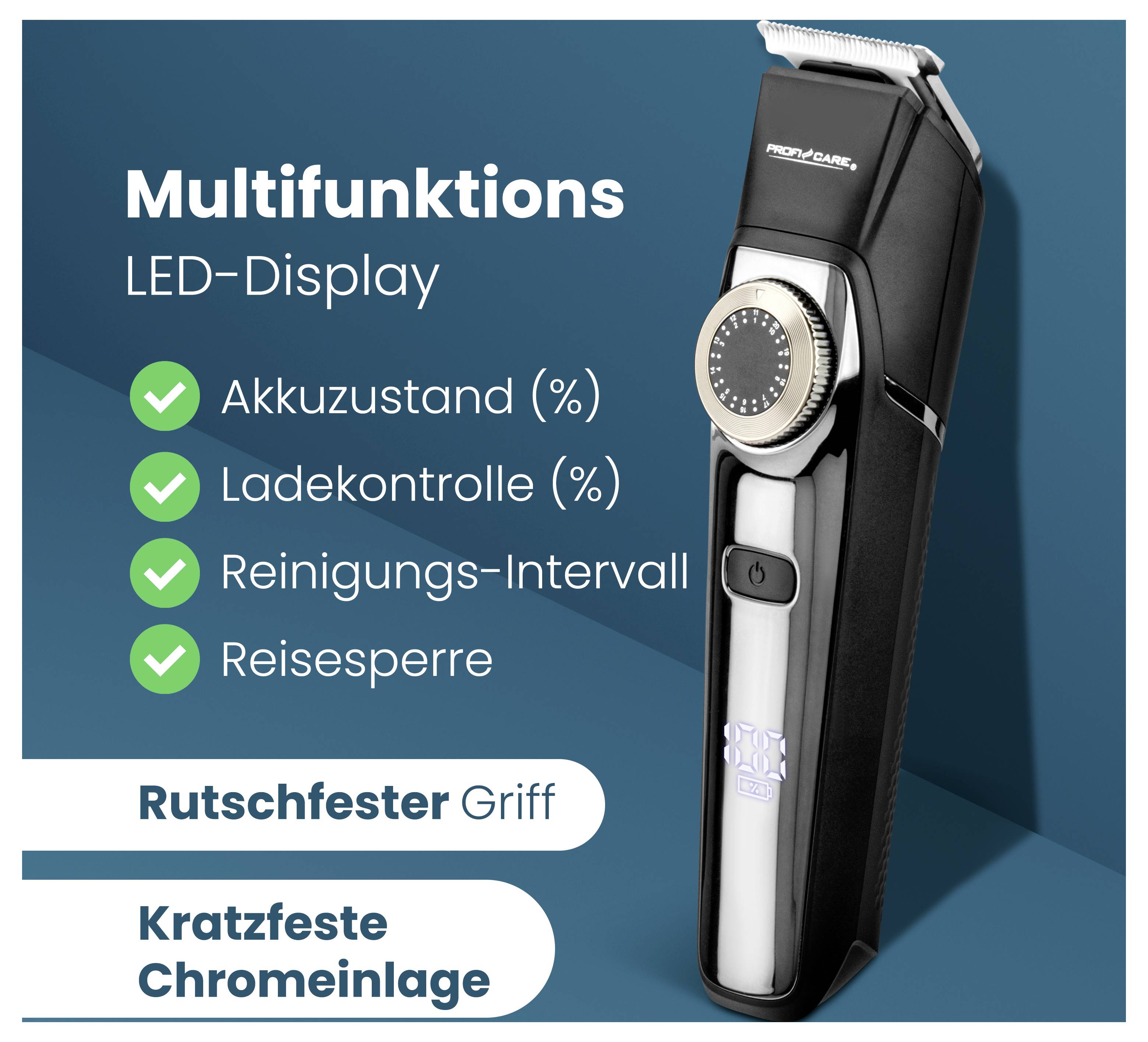 Elektrischer Rasierer mit LED-Display und Multifunktionsfunktionen, einschließlich Akkustatus, Ladesteuerung, Reinigungsintervall und Reisesperroptionen.