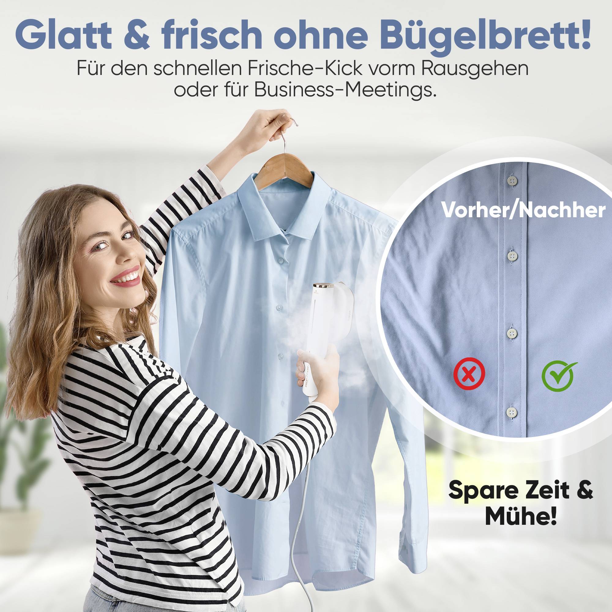 Frau hält ein gebügeltes Hemd. Schrift: 'Glatt und frisch ohne Bügelbrett', mit 'Vorher/Nachher' Vergleich. Werbebotschaft.