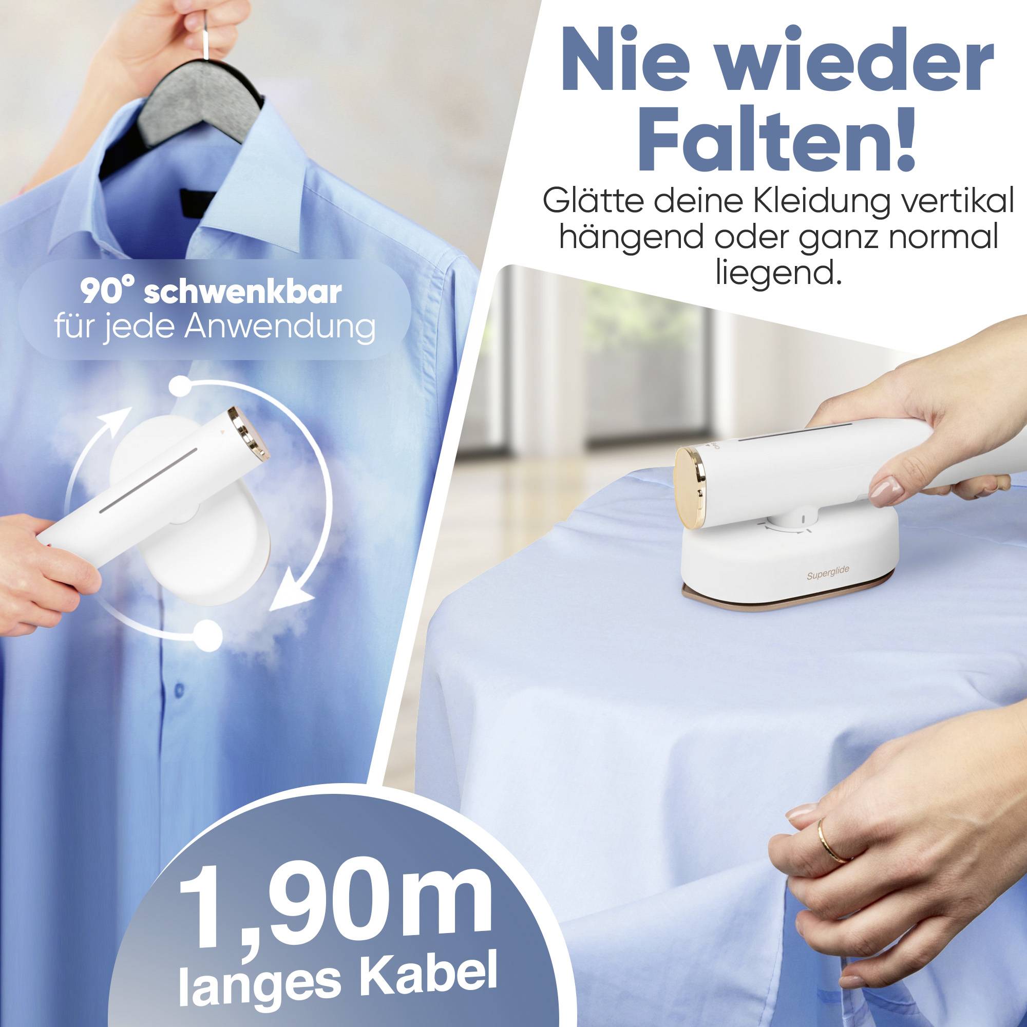 'Nie wieder Falten!' Ein Handgerät glättet Kleidung vertikal hängend oder liegend. 90° Schwenkbar und 1,90 m langes Kabel.