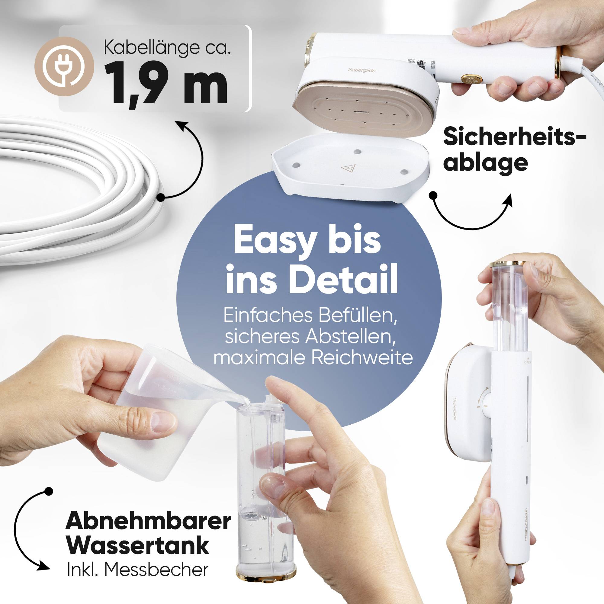 'Kabellänge ca. 1,9 m'; 'Sicherheitsablage'; 'Einfaches Abstellen, maximale Reichweite'; 'Abnehmbarer Wassertank' mit Bild von einem kabellosen Gerät und Zubehör.