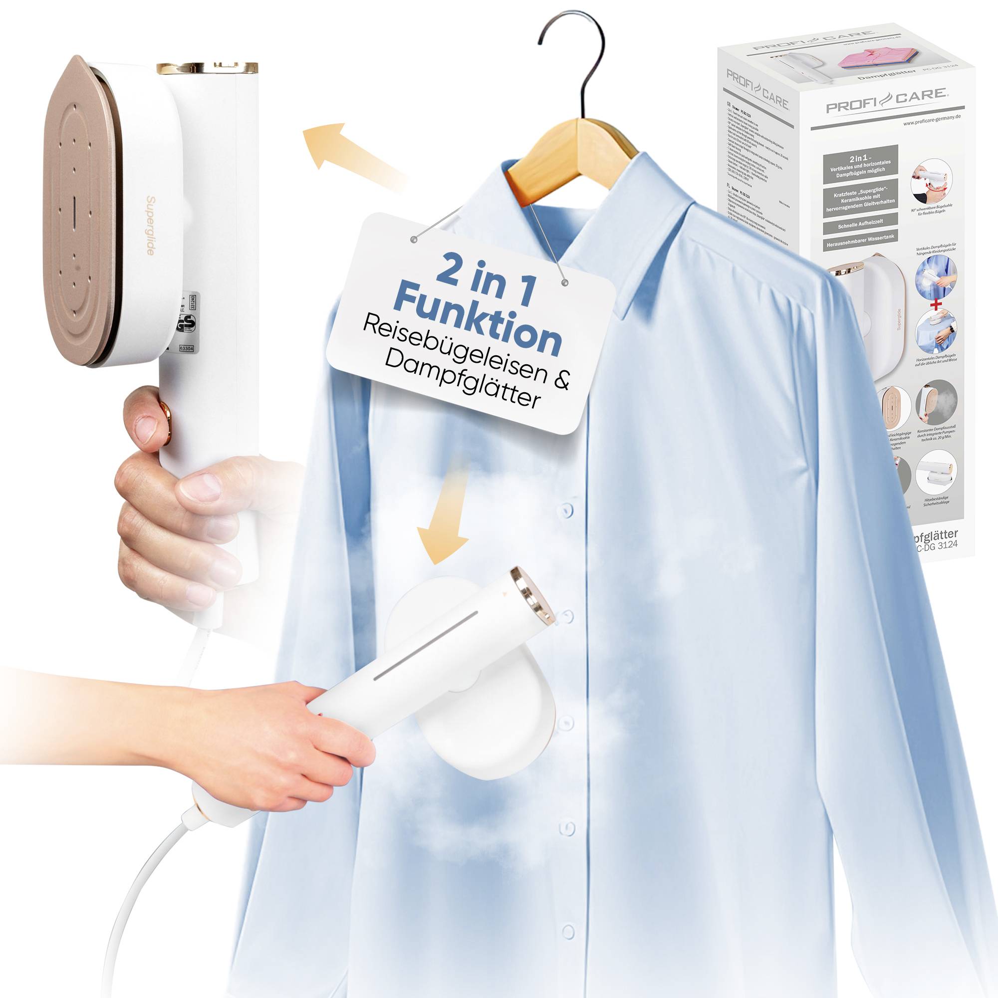 Hand hält ein Reisebügeleisen, das Dampf auf ein aufgehängtes Hemd abgibt. Aufschrift: '2 in 1 Funktion: Reisebügeleisen & Dampfglätter'. Box des Produkts im Hintergrund sichtbar.