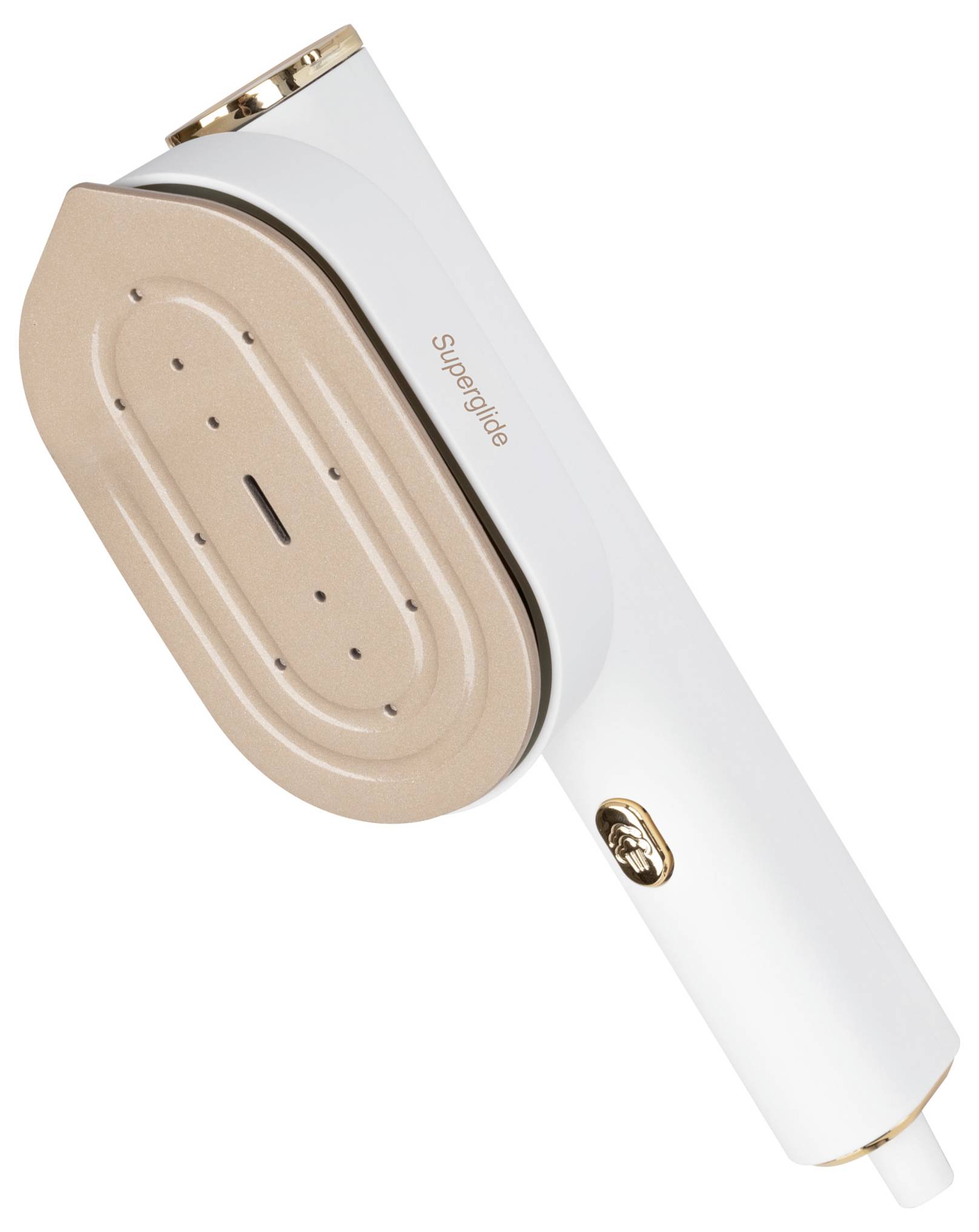 Handlicher Stoffdampfer 'Superglide' mit weiß-goldener Gestaltung, ausgestattet mit einer flachen Platte und Dampfdüsen, Schrägansicht.