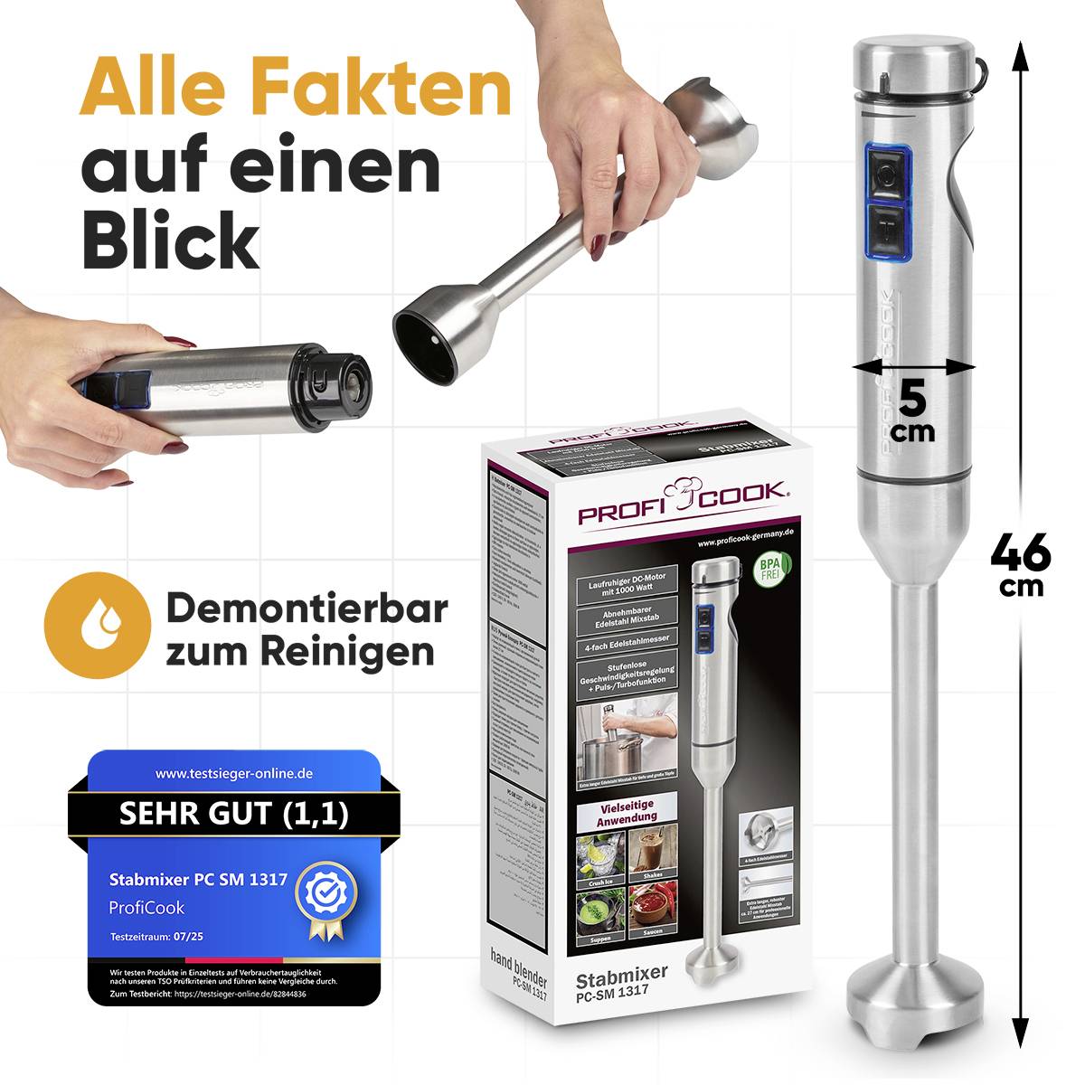 'Alle Fakten auf einen Blick': ProfiCook Stabmixer PC-SM 1137, 46 cm, abnehmbar zur einfachen Reinigung, Testsieger 1,1 Bewertung.