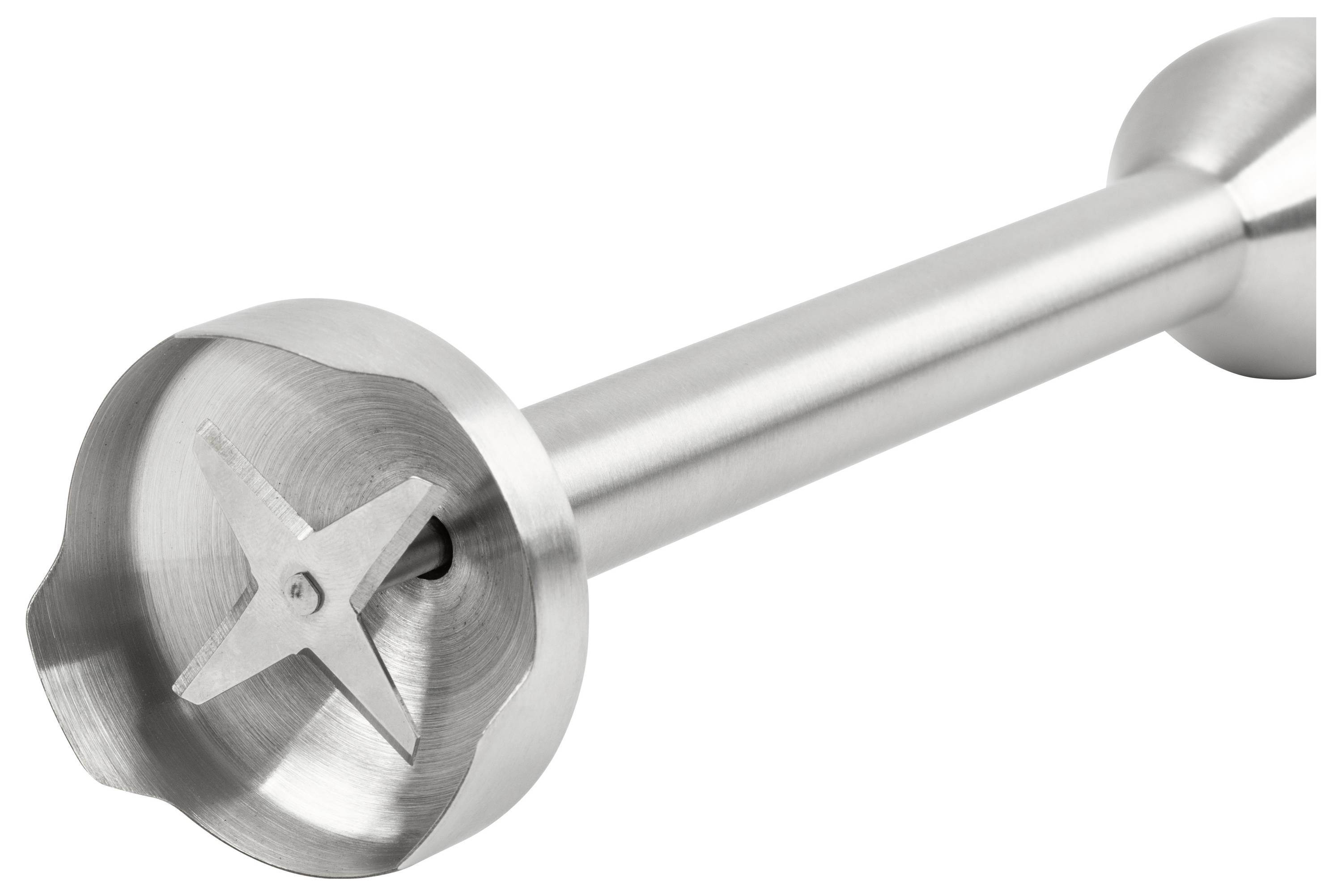 Eine Stabmixer-Klinge aus Edelstahl mit einem Schneidekopf mit vier Klingen, der zum Mixen oder Pürieren von Zutaten in Behältern entwickelt wurde.