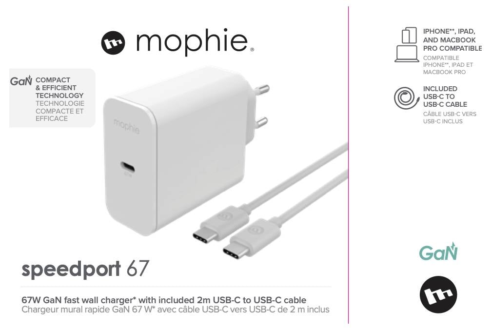 Mophie Speedport 67W GaN Schnelllade-Wandladegerät, gezeigt mit zwei USB-C-Kabeln, kompatibel mit iPhone, iPad und MacBook.
