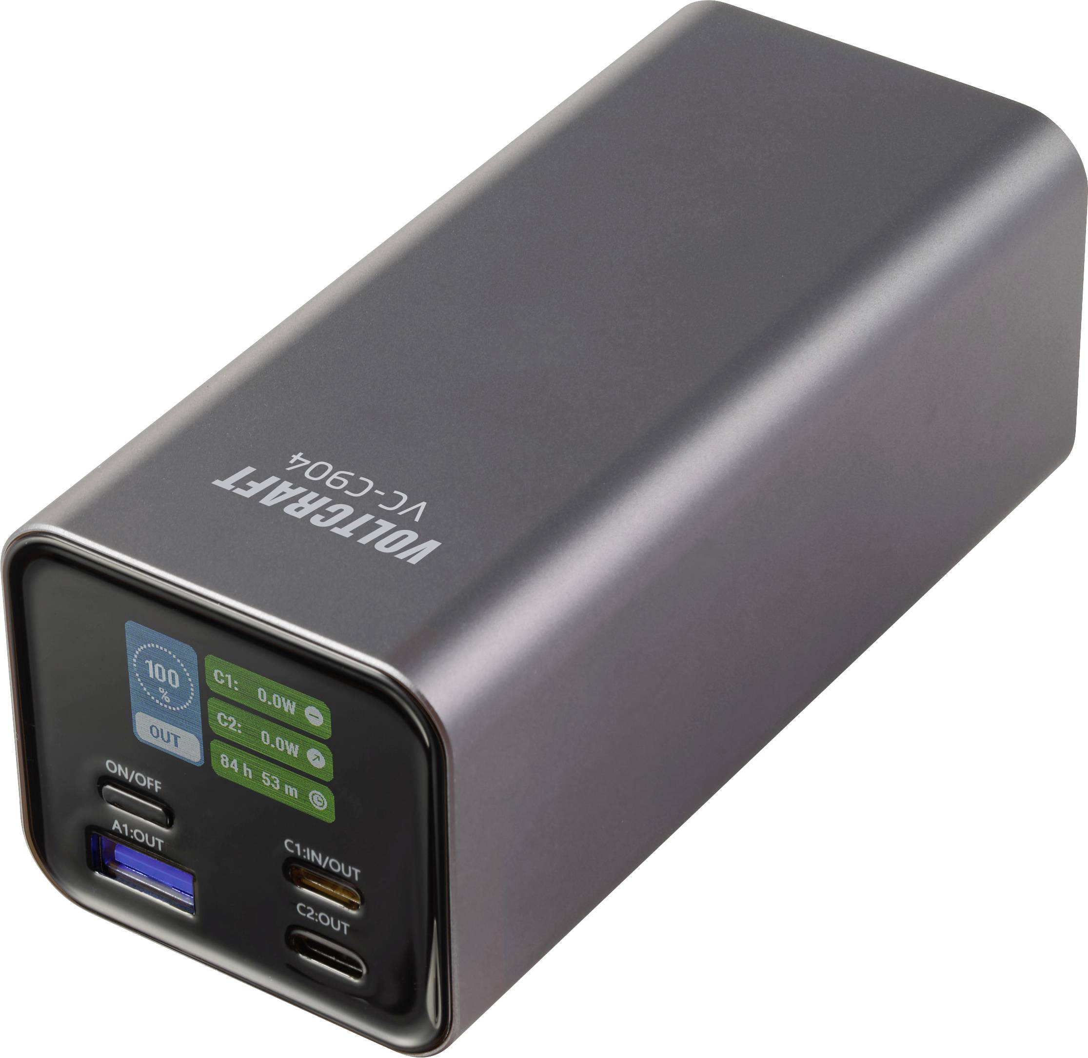 Eine rechteckige Powerbank mit mehreren Ladeanschlüssen, gekennzeichnet mit C1, C2, A1, mit einer Batteriestandsanzeige auf der Frontplatte.