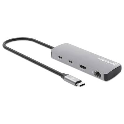 Ein schlanker, silberner USB-C-Hub mit drei Anschlüssen: zwei USB-C, einen HDMI und einen Ethernet-Anschluss, entwickelt zum Verbinden mehrerer Geräte.