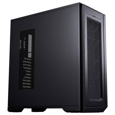 Ein schlanker schwarzer Computertower mit Mesh-Frontblende und seitlicher Belüftung zur Kühlung, konzipiert für High-Performance oder Gaming-Zwecke.