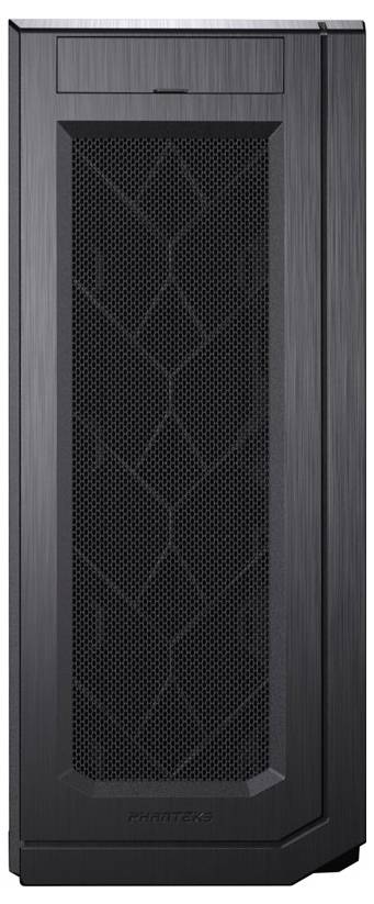 Ein schwarzes Computer-Tower-Gehäuse mit einem vorderen Mesh-Panel zur Belüftung und einem strukturierten geometrischen Design, ideal für individuelle PC-Builds.