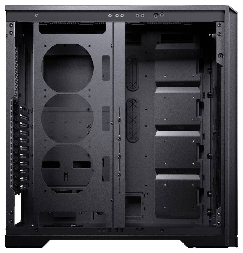 Ein schwarzes Computergehäuse mit offener Seite, das Innenaufnahmen und Platz für Komponenten wie Mainboard und Kühlventilatoren zeigt.